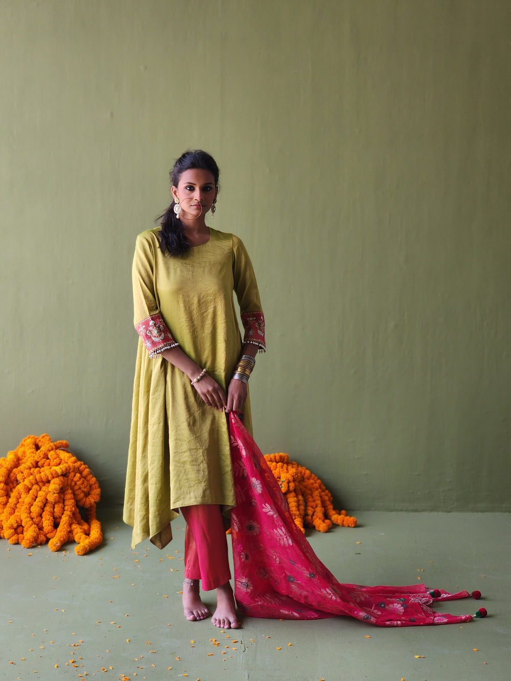 Tissue Kurta with embroidery &amp; pearl hangings, contrast pants and Handwoven Tissue Banarasi tissue net dupatta.