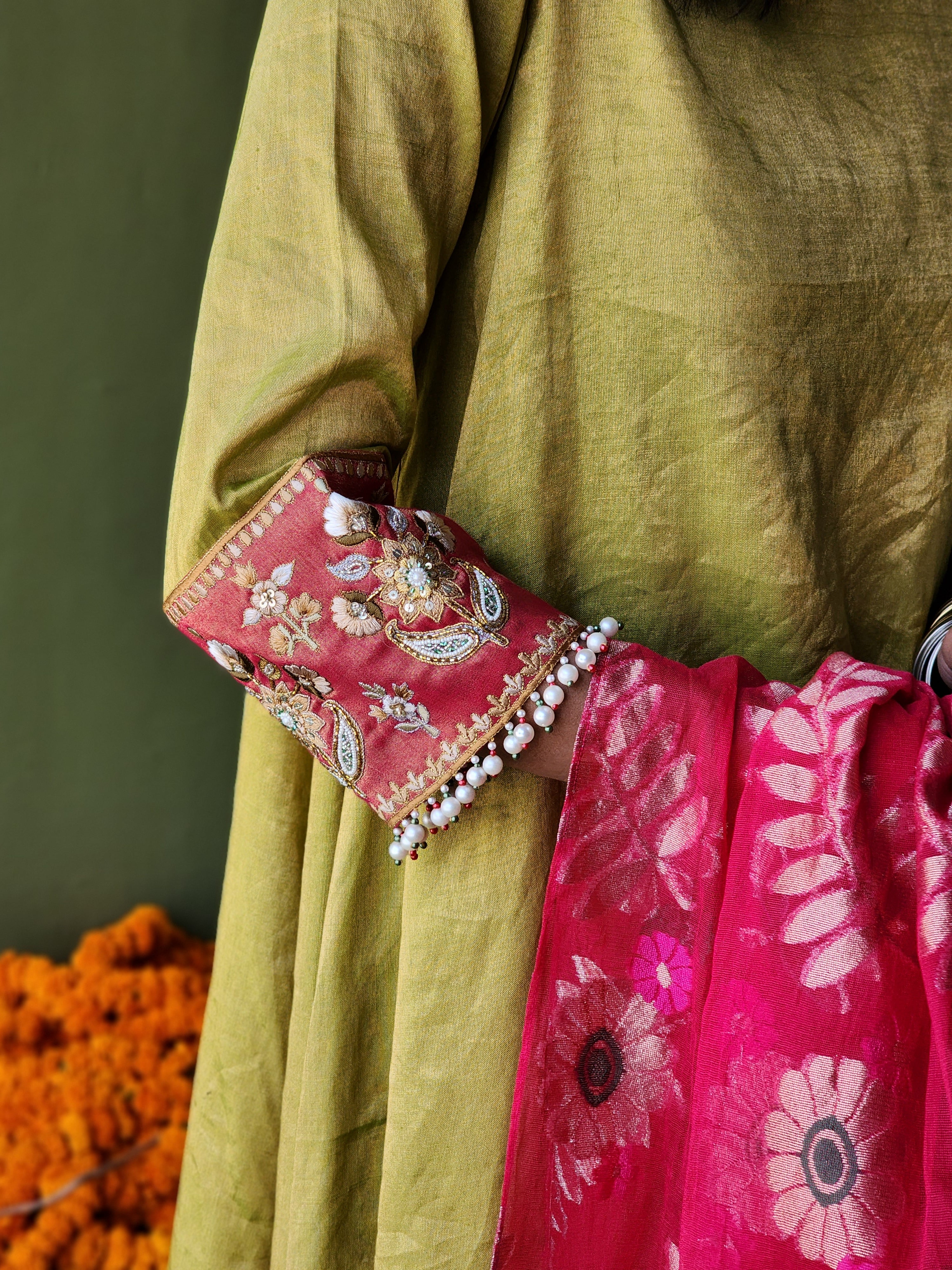 Tissue Kurta with embroidery &amp; pearl hangings, contrast pants and Handwoven Tissue Banarasi tissue net dupatta.