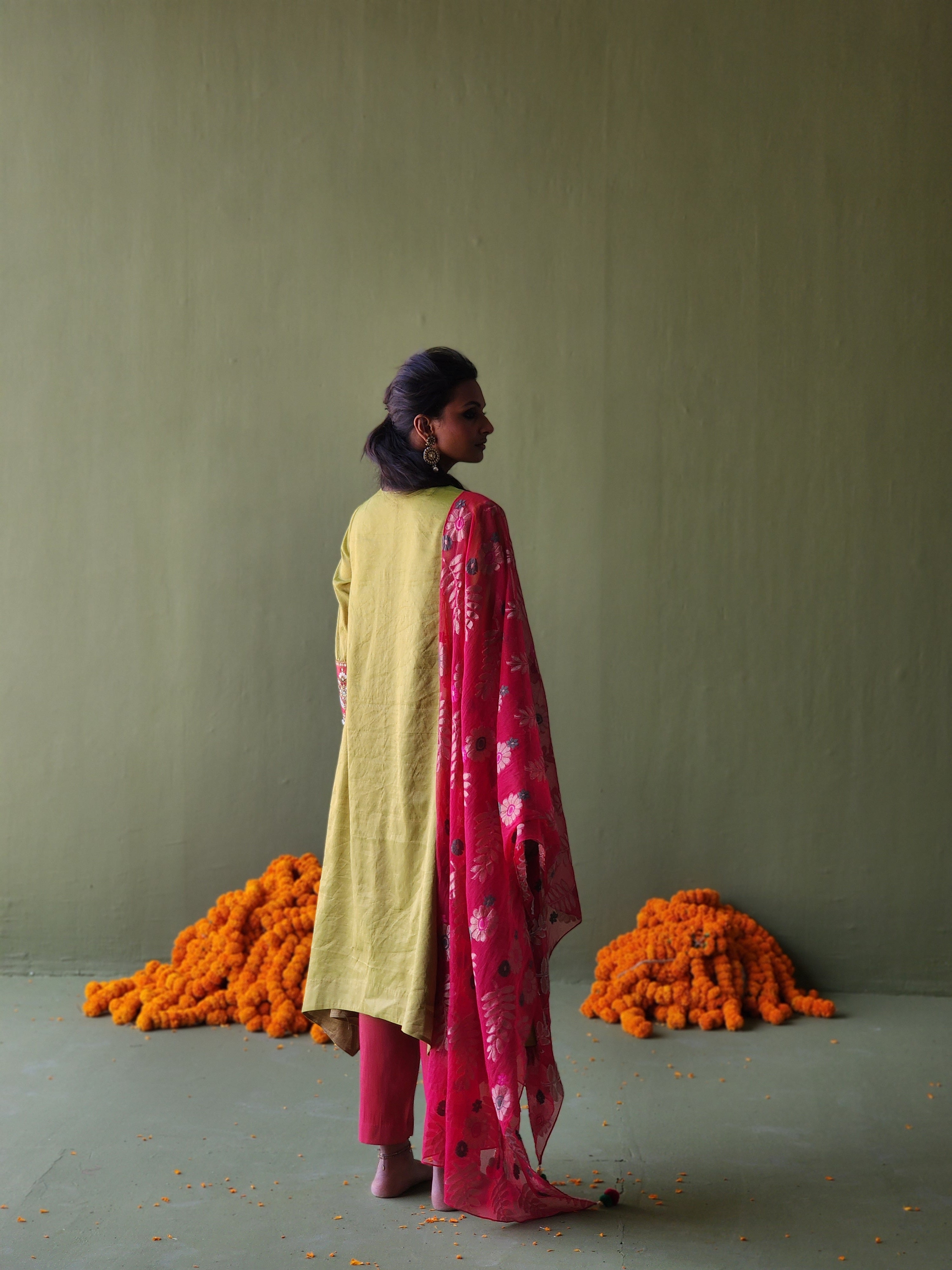 Tissue Kurta with embroidery &amp; pearl hangings, contrast pants and Handwoven Tissue Banarasi tissue net dupatta.