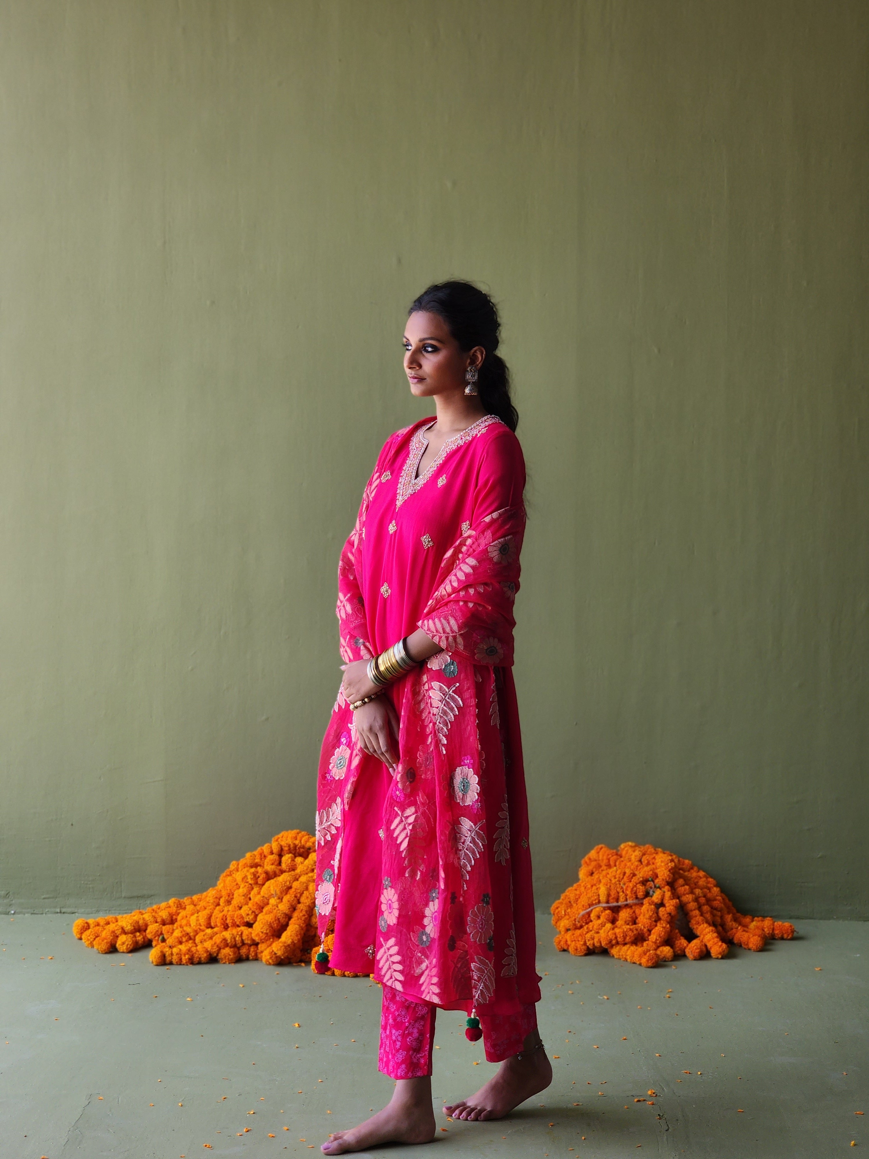 Semi Flared kurta with printed pants and Handwoven Tissue Banarasi tissue net dupatta.