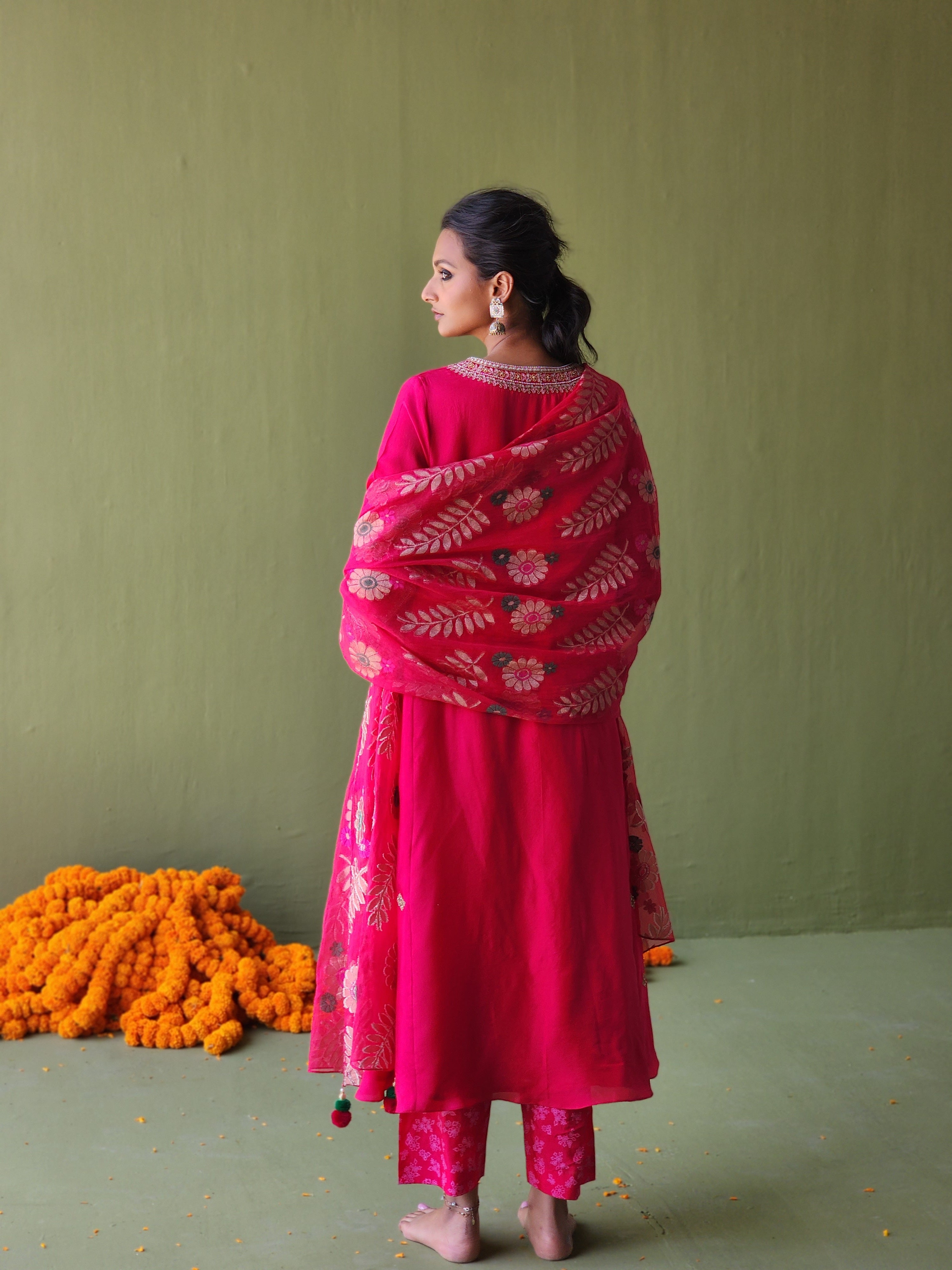 Semi Flared kurta with printed pants and Handwoven Tissue Banarasi tissue net dupatta.