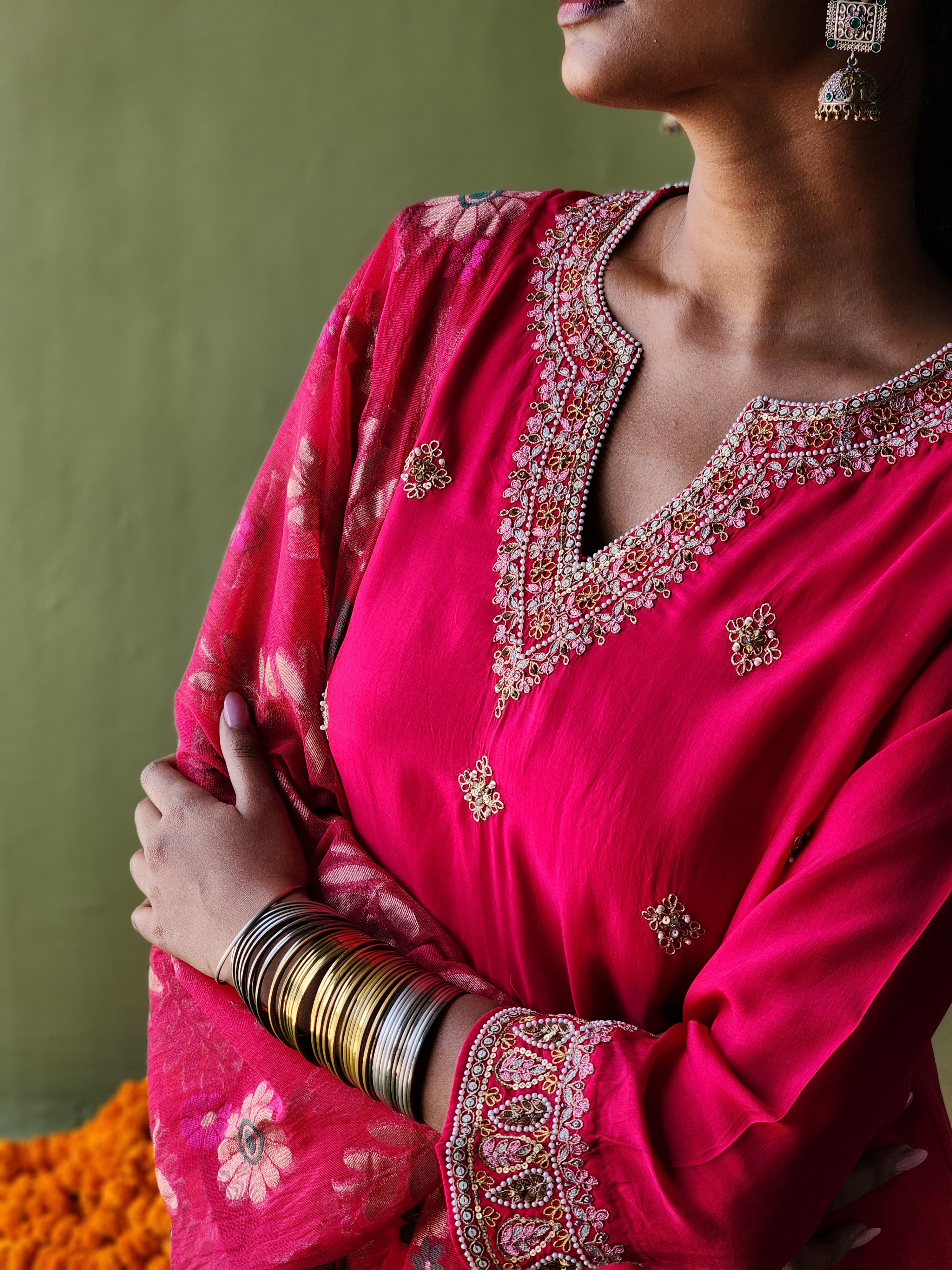 Semi Flared kurta with printed pants and Handwoven Tissue Banarasi tissue net dupatta.