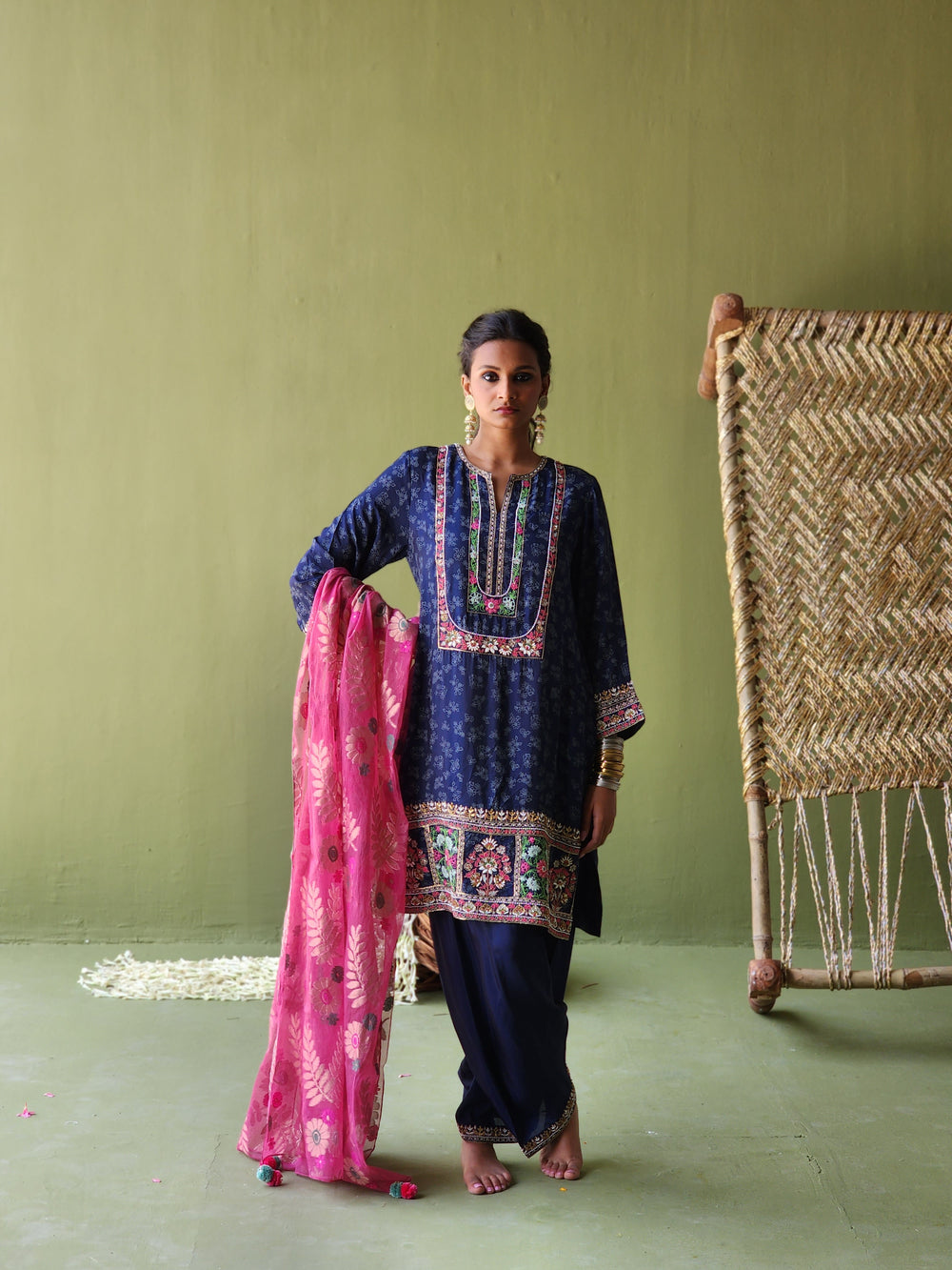 Short kurta with pearl , thread and zari embroidery , Drape pants and Contrast Handwoven Tissue net banarasi dupatta.