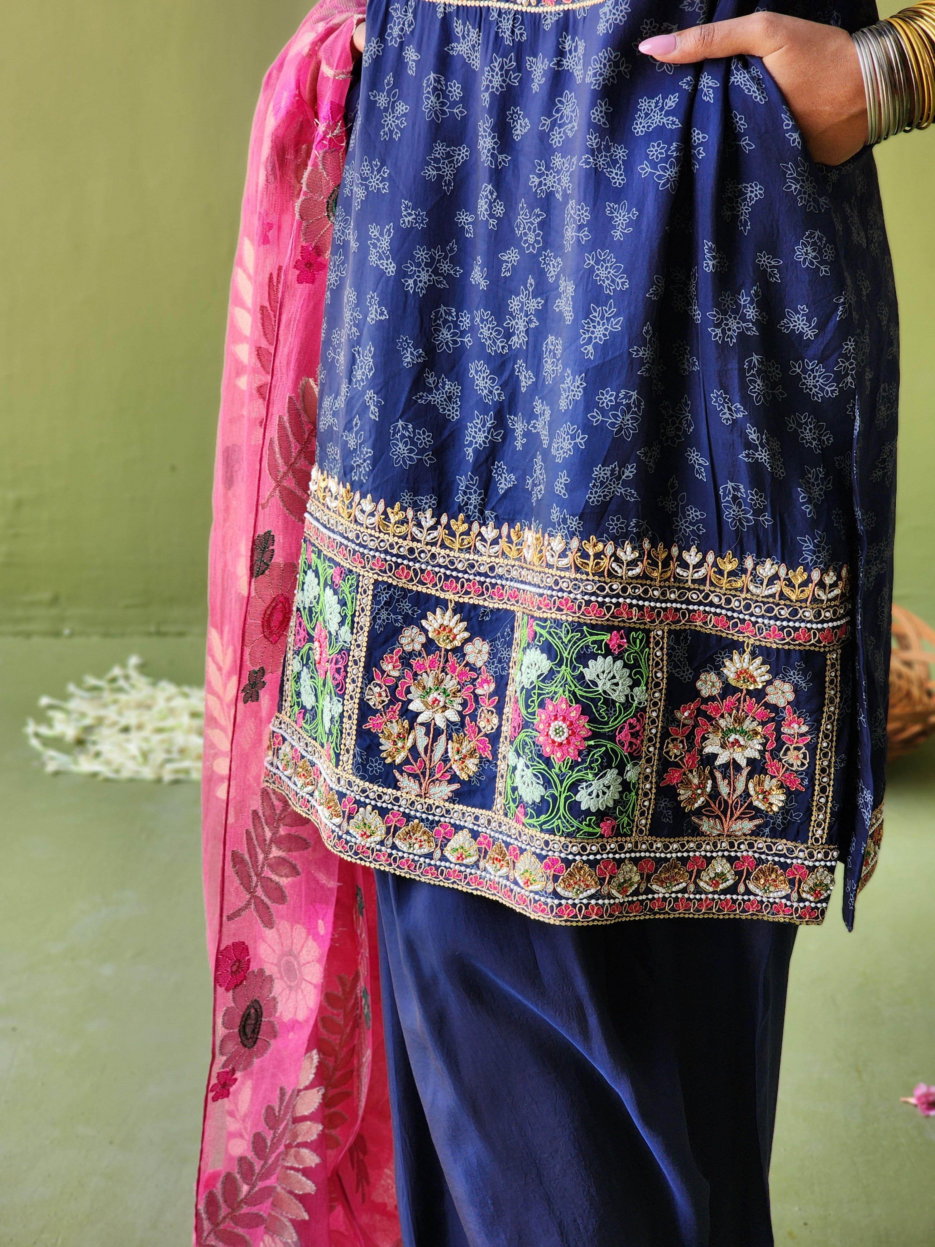 Short kurta with pearl , thread and zari embroidery , Drape pants and Contrast Handwoven Tissue net banarasi dupatta.