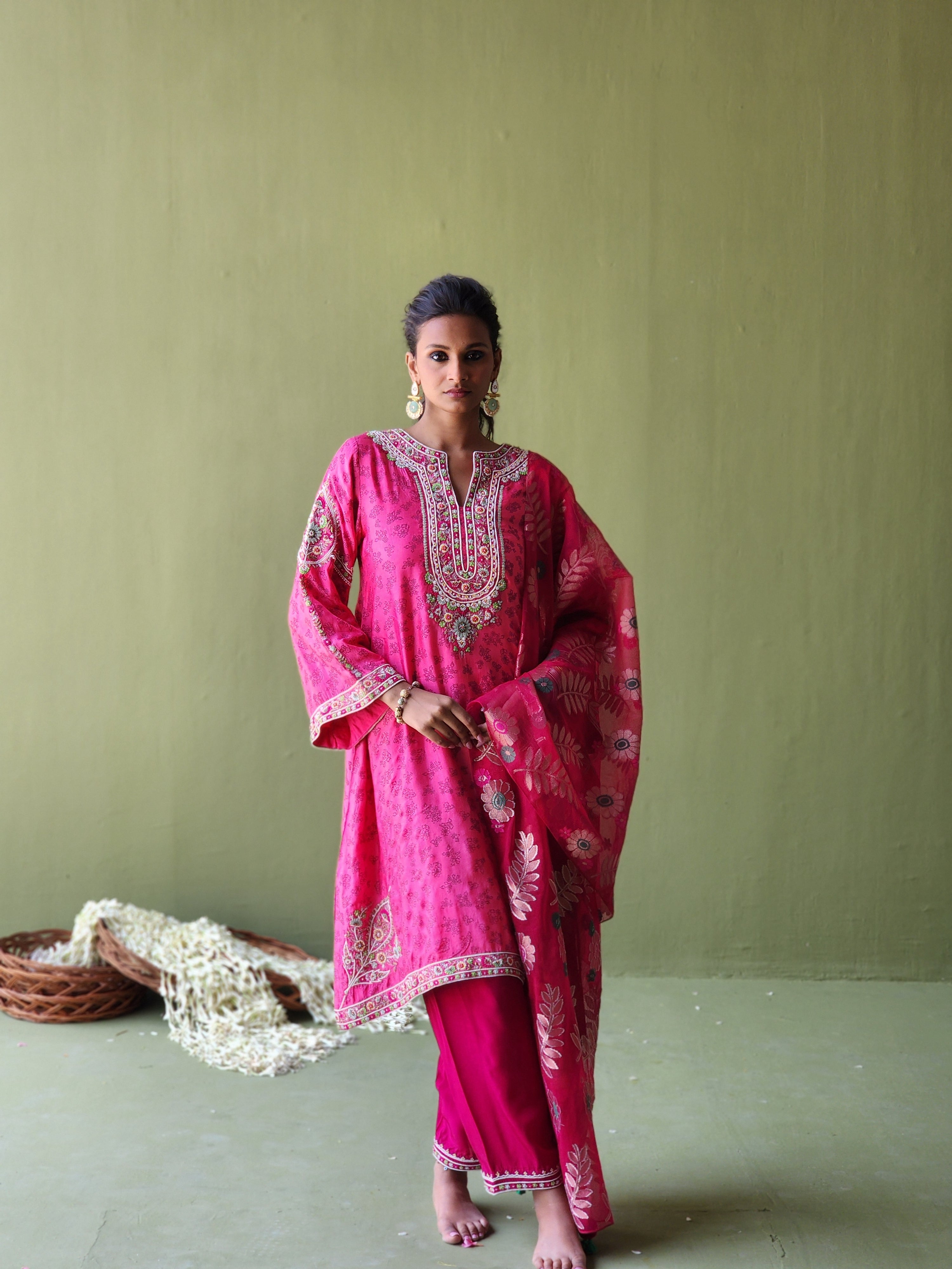 Kurta with color block pants and Handwoven tissue net Banarasi dupatta