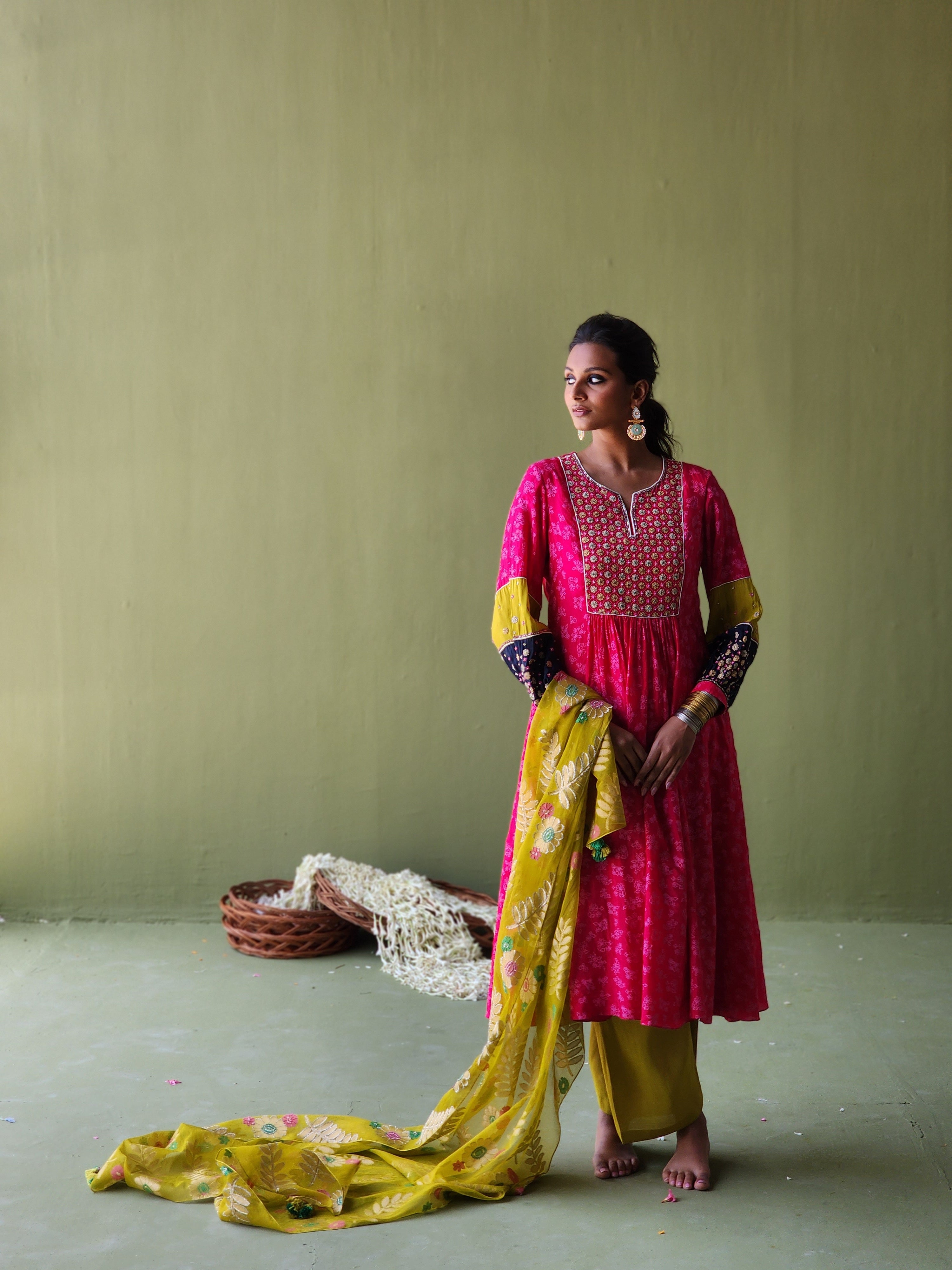 Kurta with print with color block sleeves, Tissue pants and Handwoven Banarasi tissue net dupatta