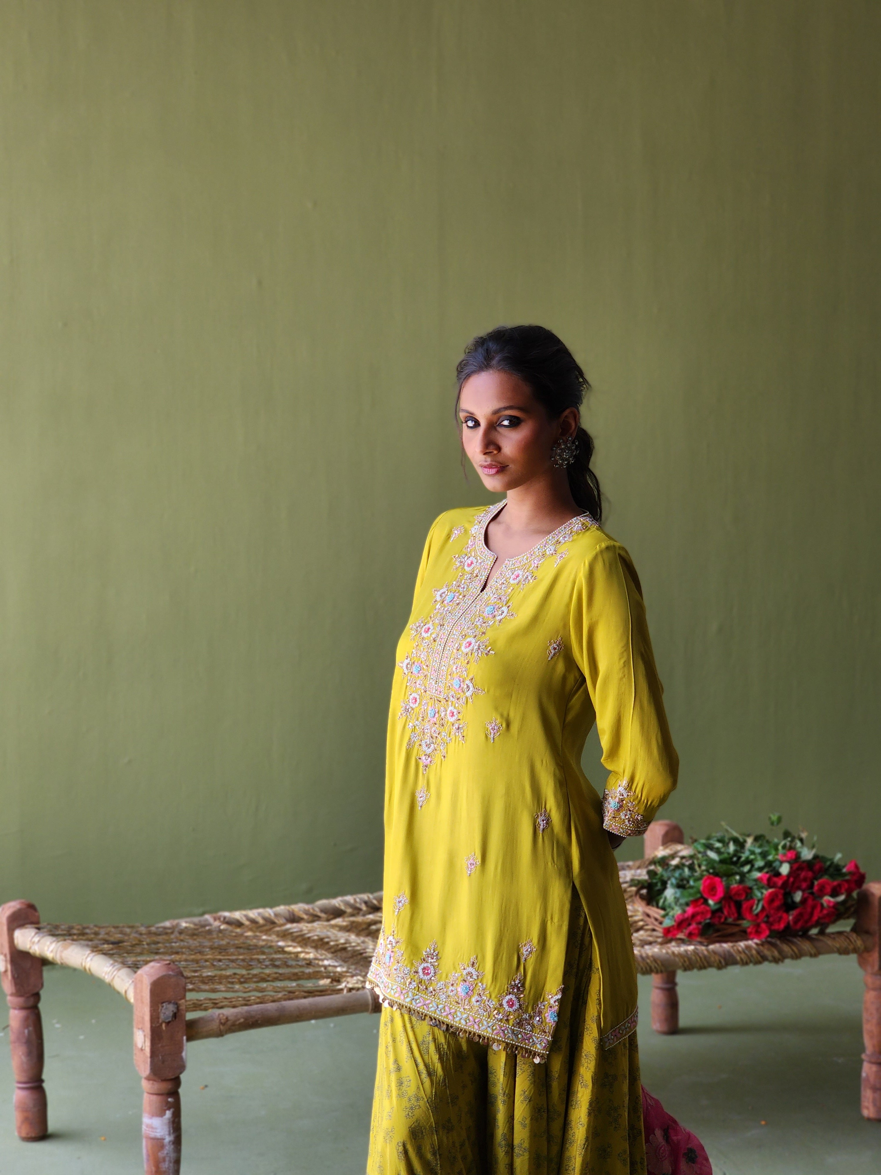 Short kurta with pearl embroidery , Sharara and Handwoven Tissue net banarasi dupatta