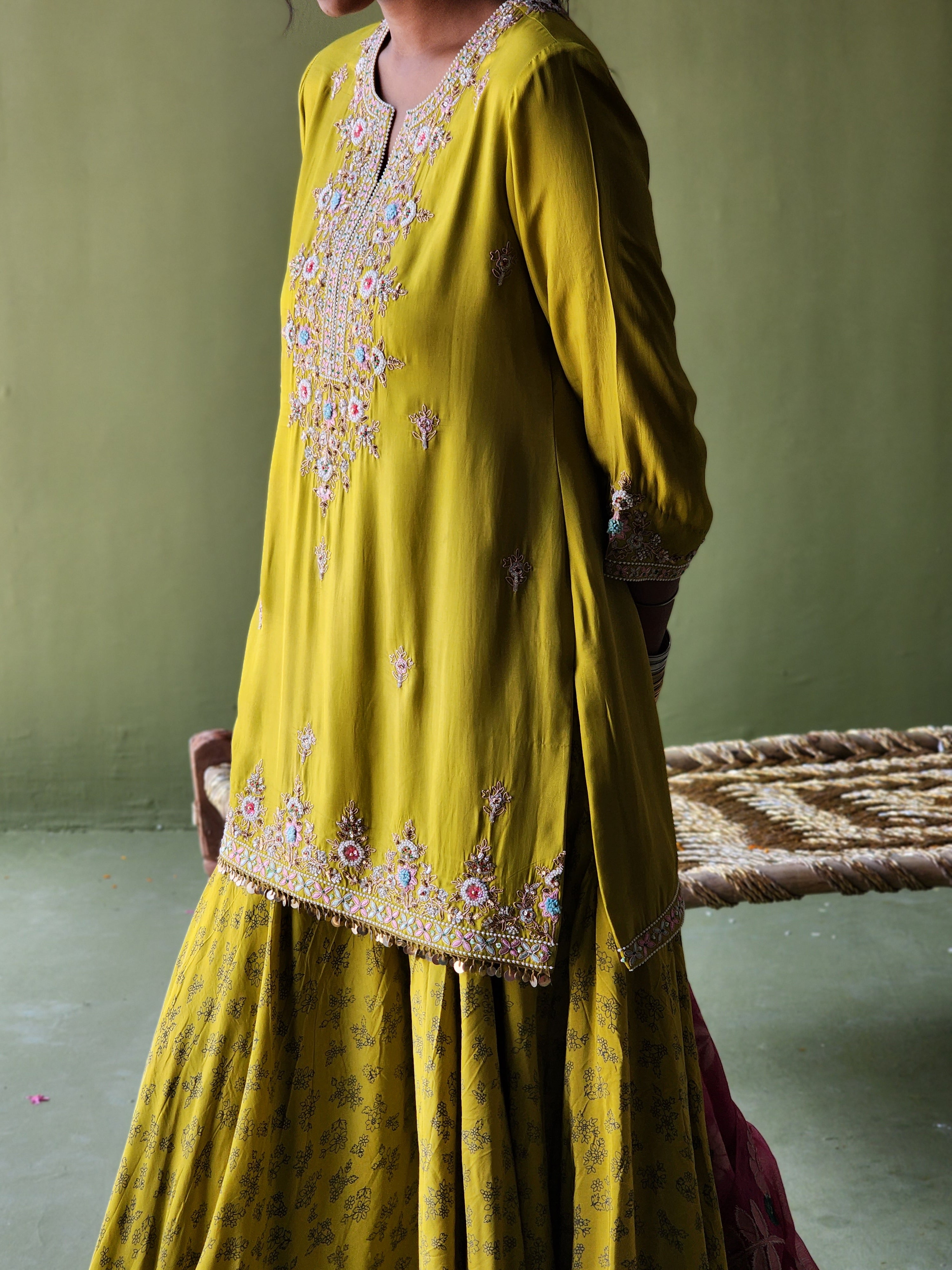 Short kurta with pearl embroidery , Sharara and Handwoven Tissue net banarasi dupatta