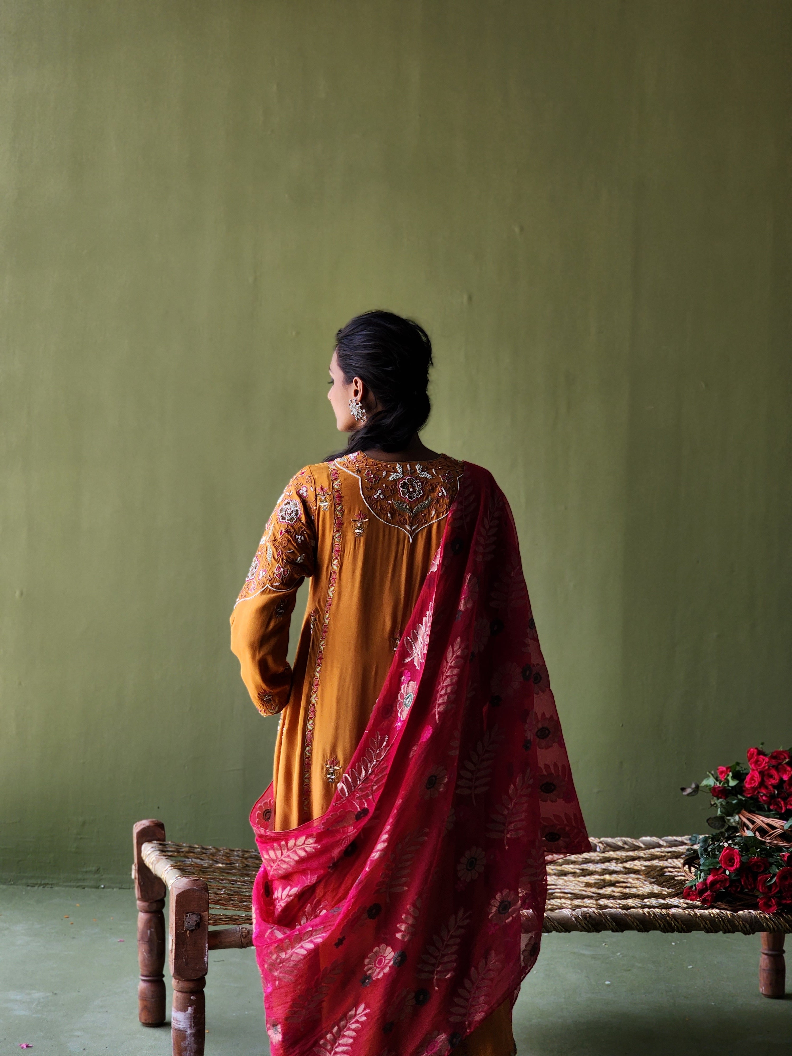 Regal looking Monotone yoke embroidery Kurta, Flared pants and Handwoven Tissue net Banarasi Dupatta