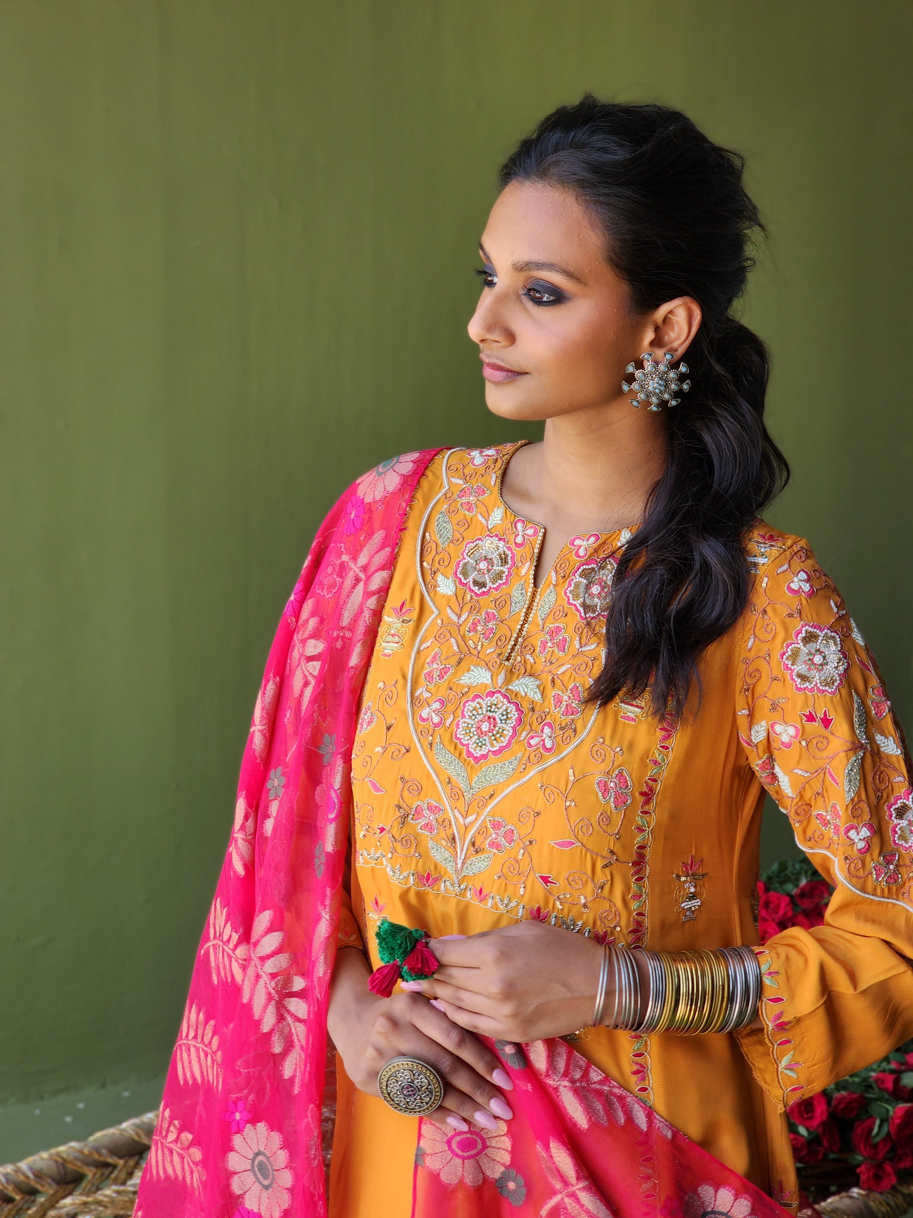 Regal looking Monotone yoke embroidery Kurta, Flared pants and Handwoven Tissue net Banarasi Dupatta