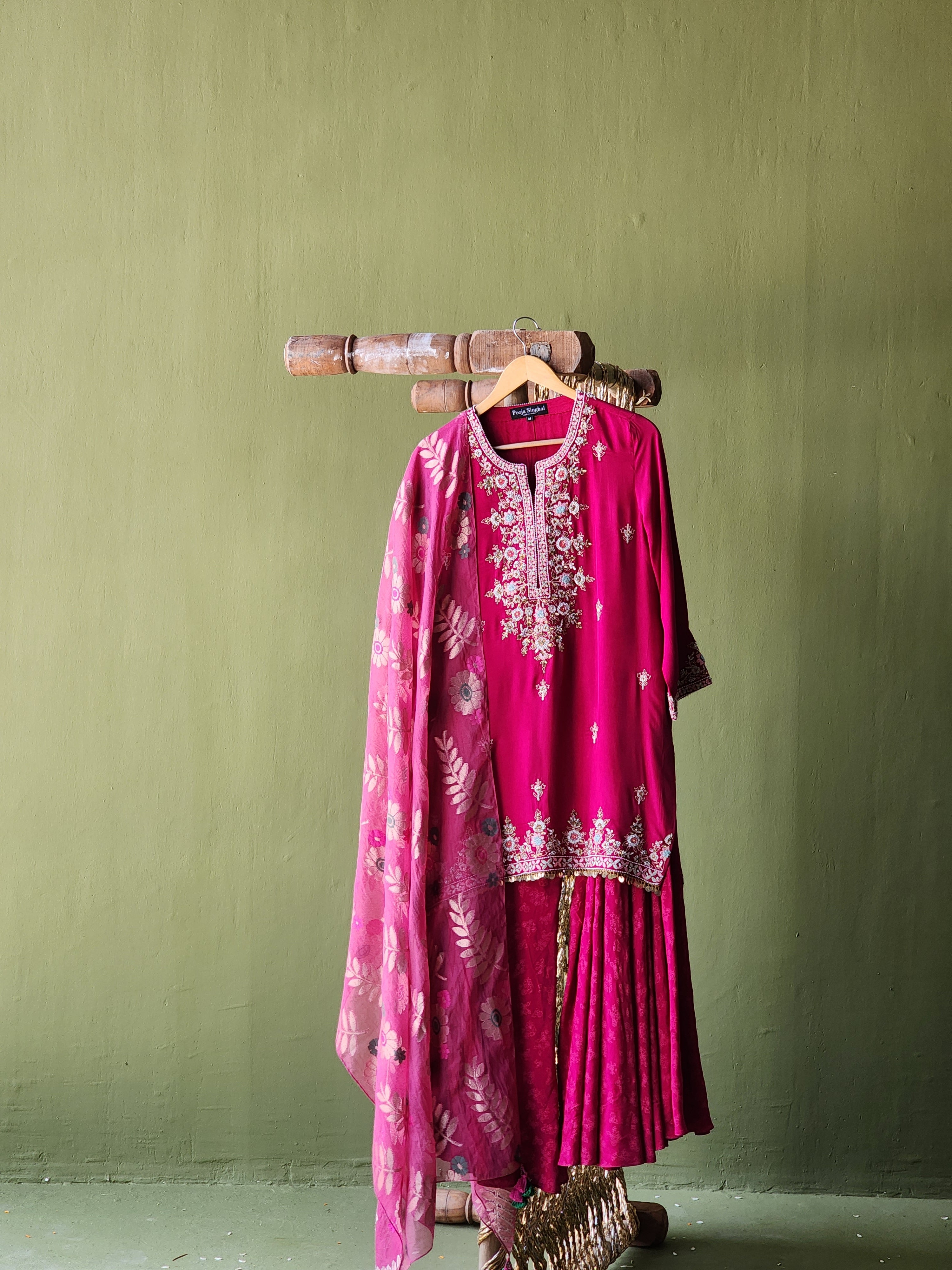 Short kurta with pearl embroidery , Sharara and Handwoven Tissue net banarasi dupatta