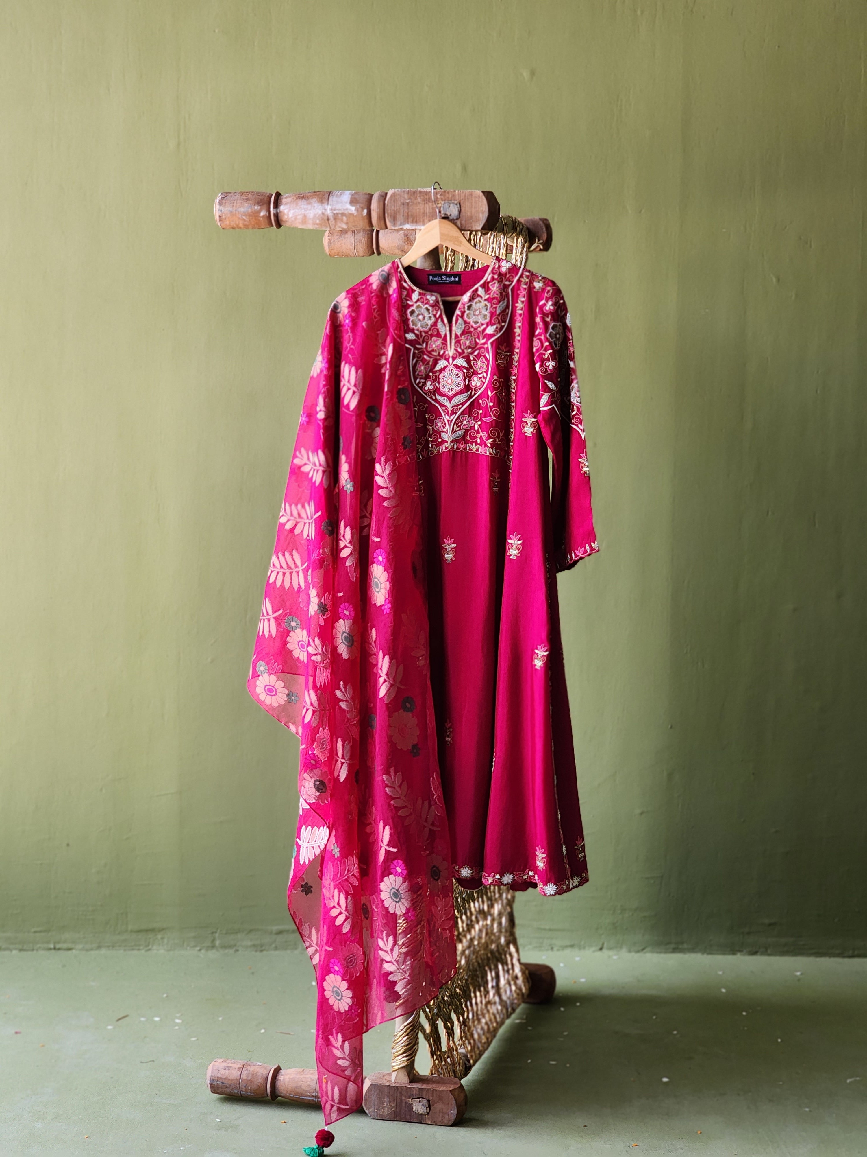 Regal looking Monotone yoke embroidery Kurta, Flared pants and Handwoven Tissue net Banarasi Dupatta