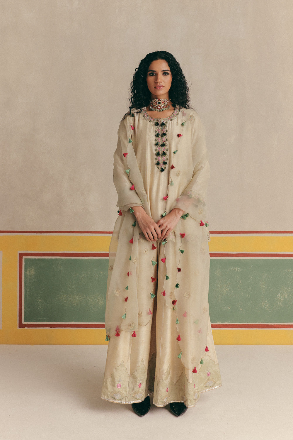 Jasmine Banarsi Embroidered Kurta with pants and Organza dupatta