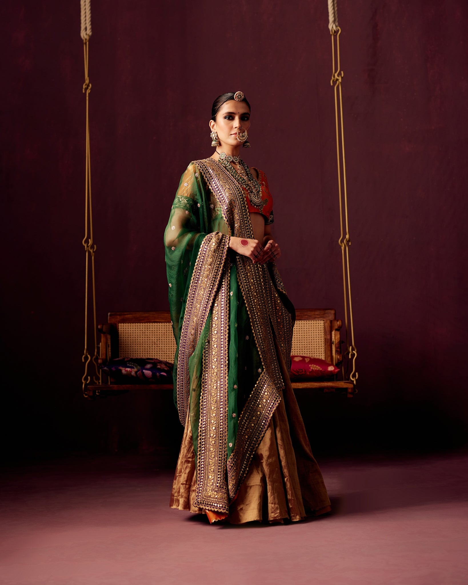 Tissue Lehenga with Printed Blouse and Dupatta