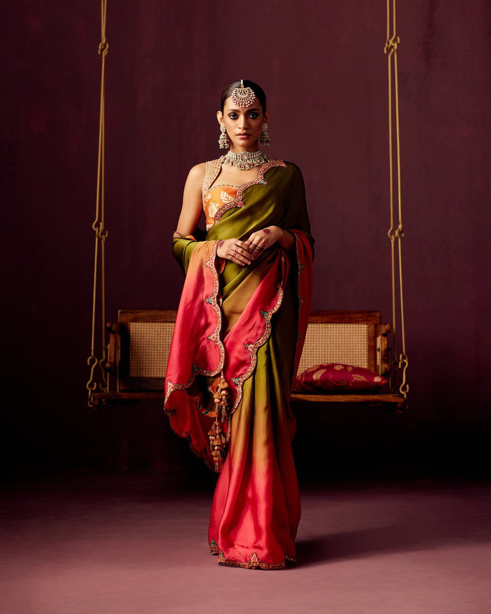 Satin Organza Saree with Embroidered Border with Print with embroidered blouse