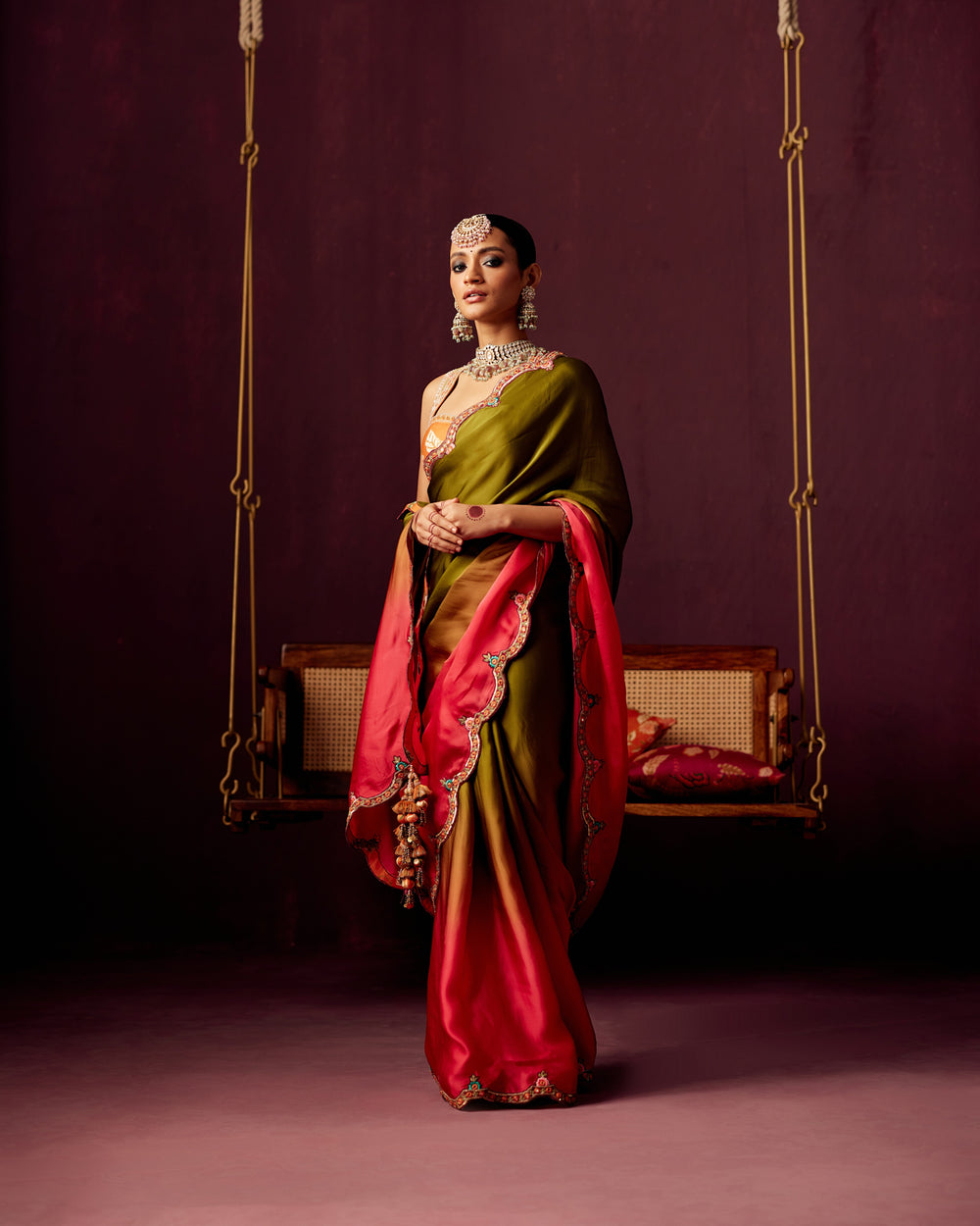 Satin Organza Saree with Embroidered Border with Print with embroidered blouse