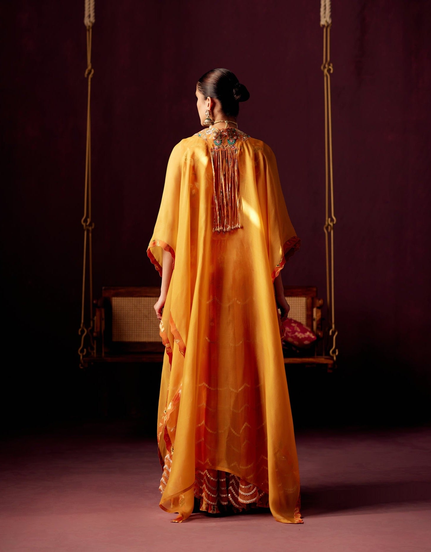 Burnt Orange Layered Lehenga with Bustier & Drape Cape