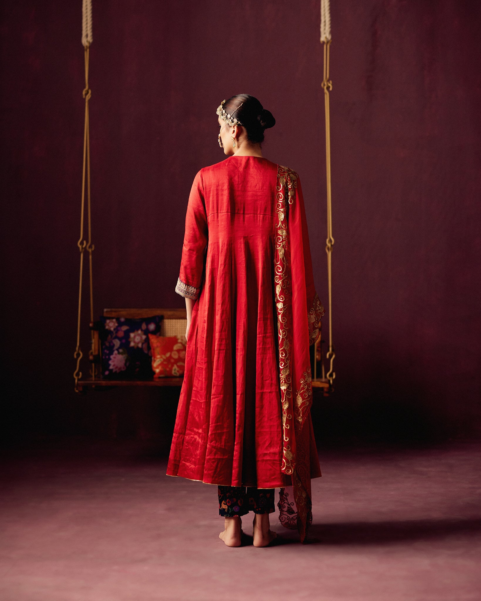 Red Tissue Anarkali with Embroidered Silk Velvet yoke, Print Pants & Embroidered Organza Dupatta