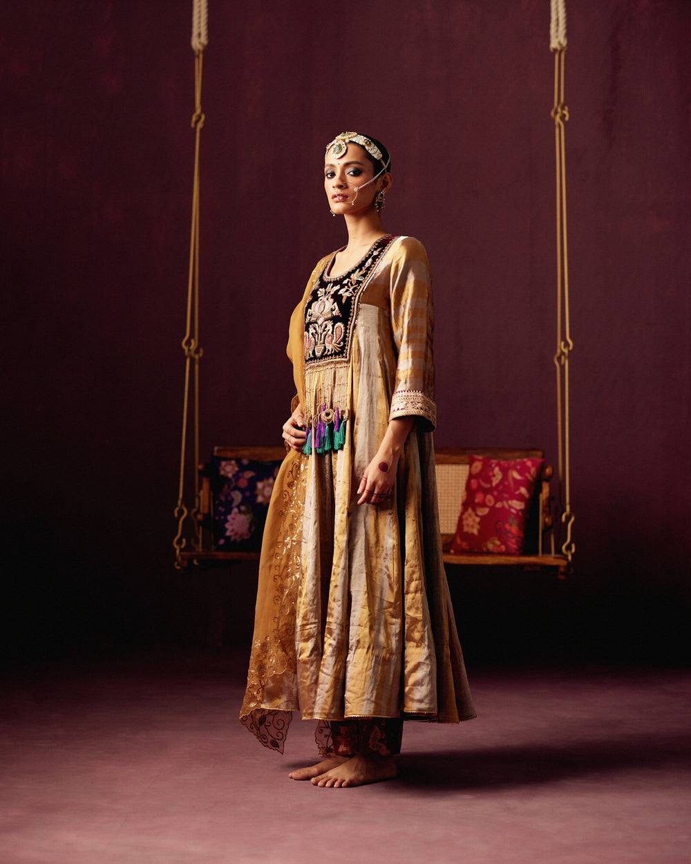 Tissue Anarkali with Embroidered Silk Velvet yoke, Print Pants & Embroidered Organza Dupatta