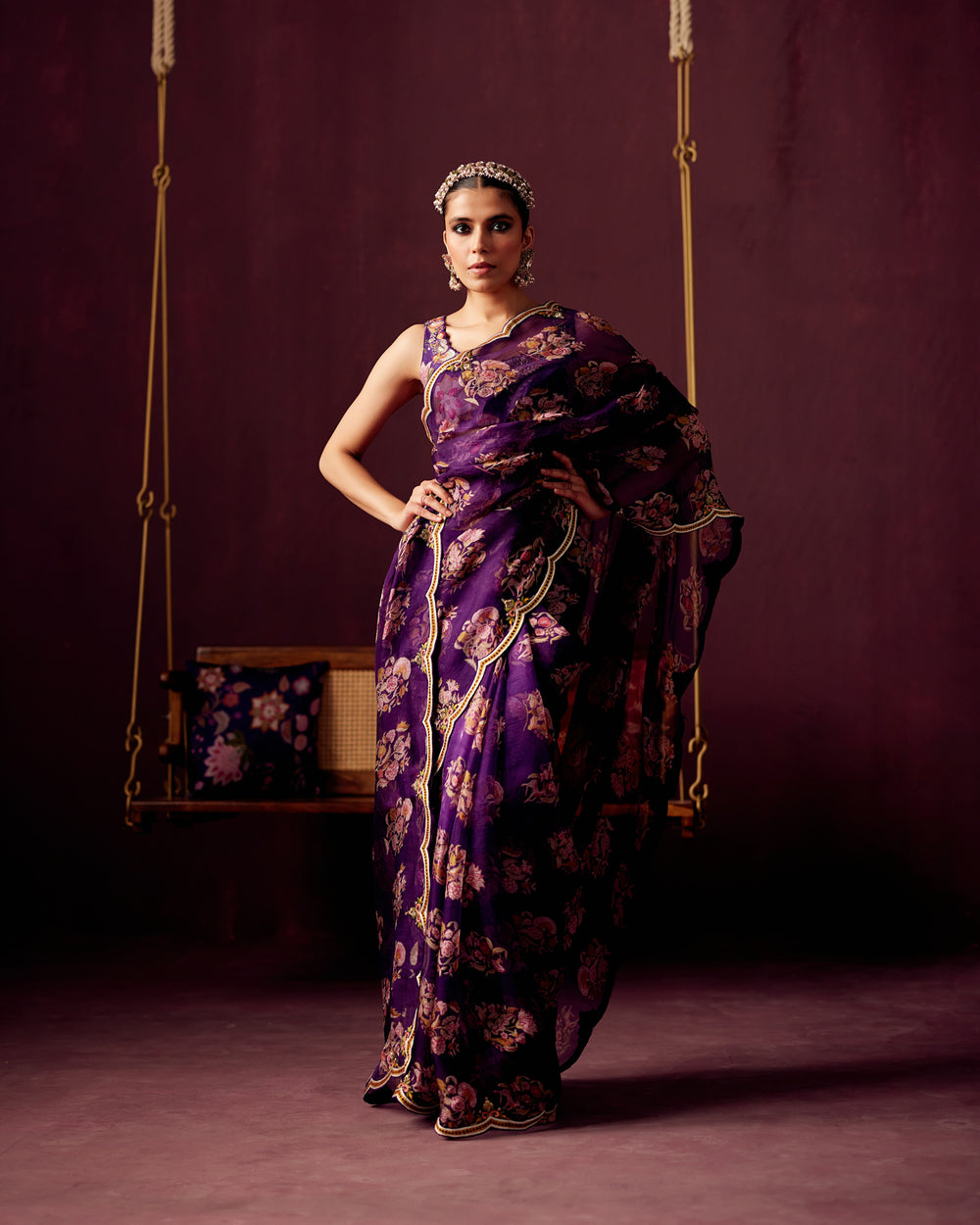 Signature Print Organza Saree with Embroidered Border with Print with embroidered blouse