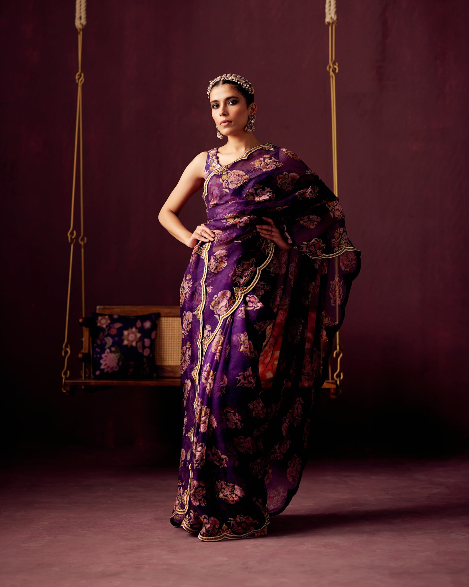 Signature Print Organza Saree with Embroidered Border with Print with embroidered blouse