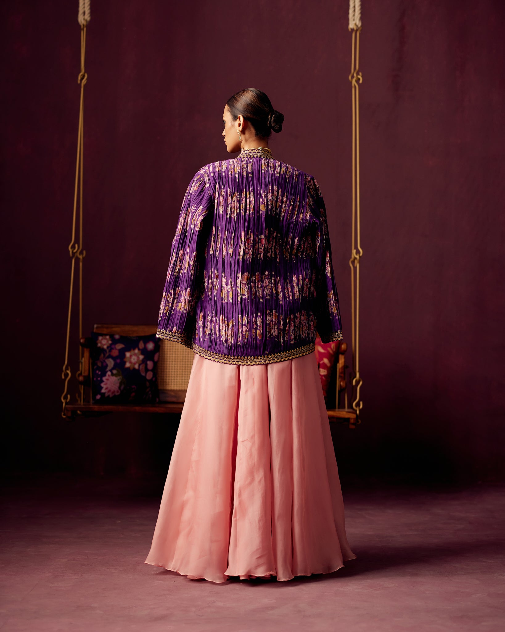 Signature Print Embroidered Bustier Blouse with Print Pleated Embroidered Jacket & Organza Skirt in Powder Pink