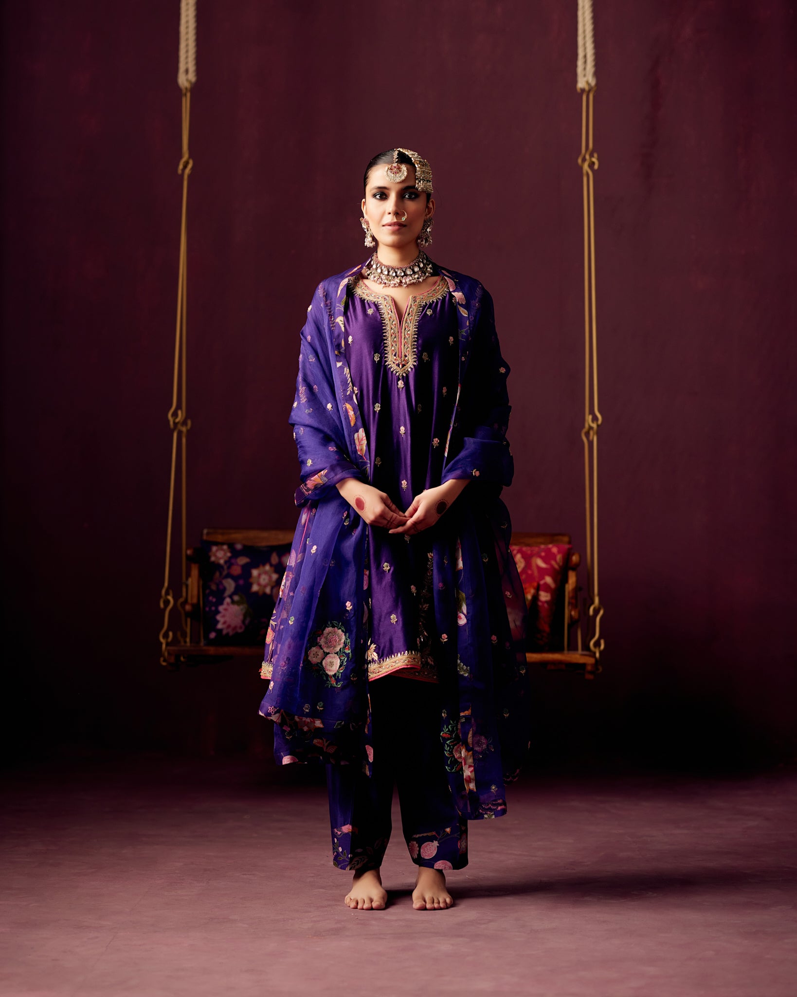 Purple Kurta with Thread and Zardozi embroidery ,Pants & Organza Dupatta with embroidery