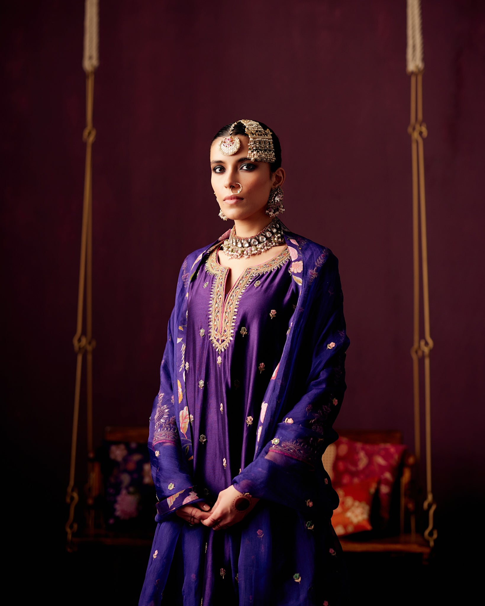 Purple Kurta with Thread and Zardozi embroidery ,Pants & Organza Dupatta with embroidery