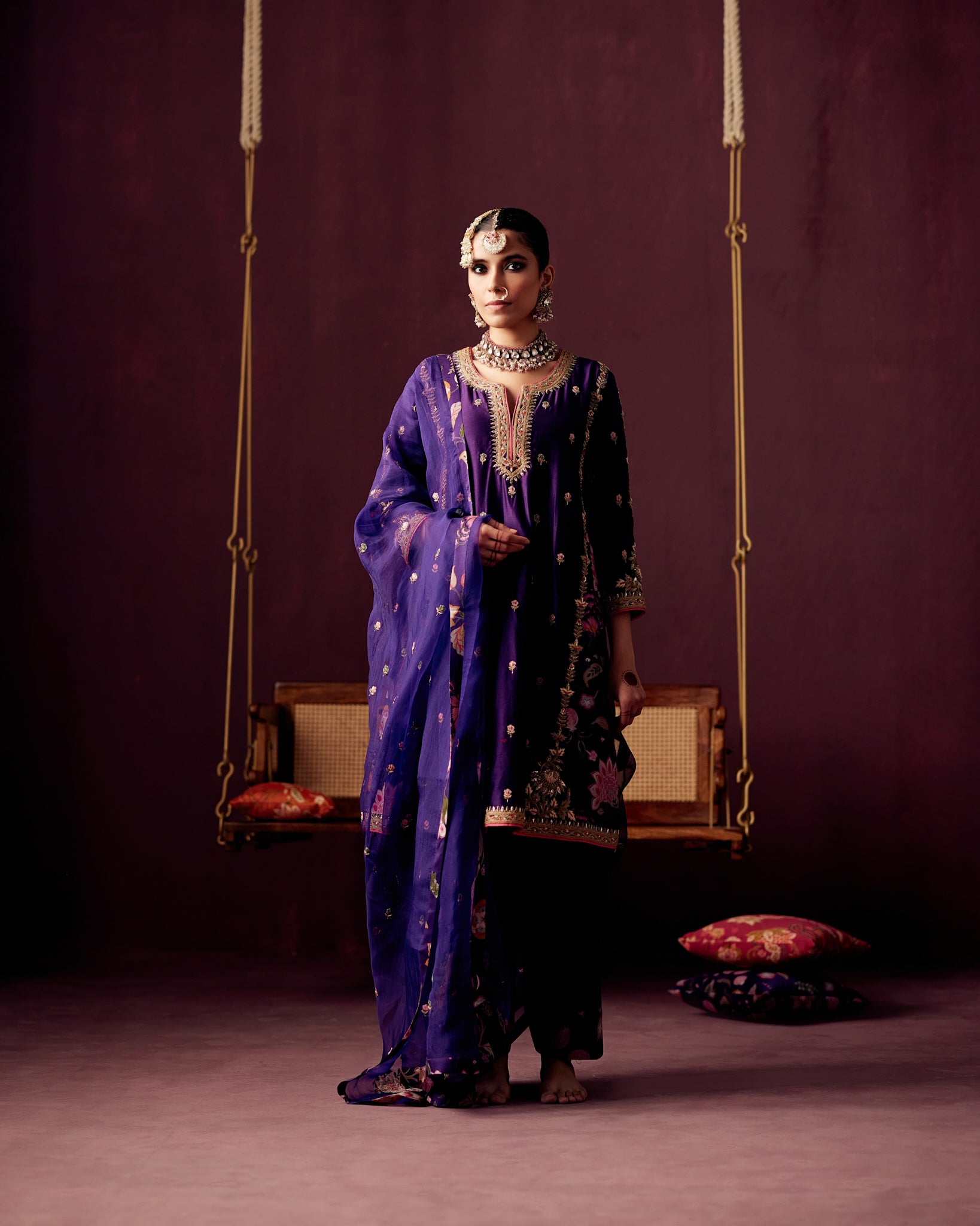 Purple Kurta with Thread and Zardozi embroidery ,Pants & Organza Dupatta with embroidery