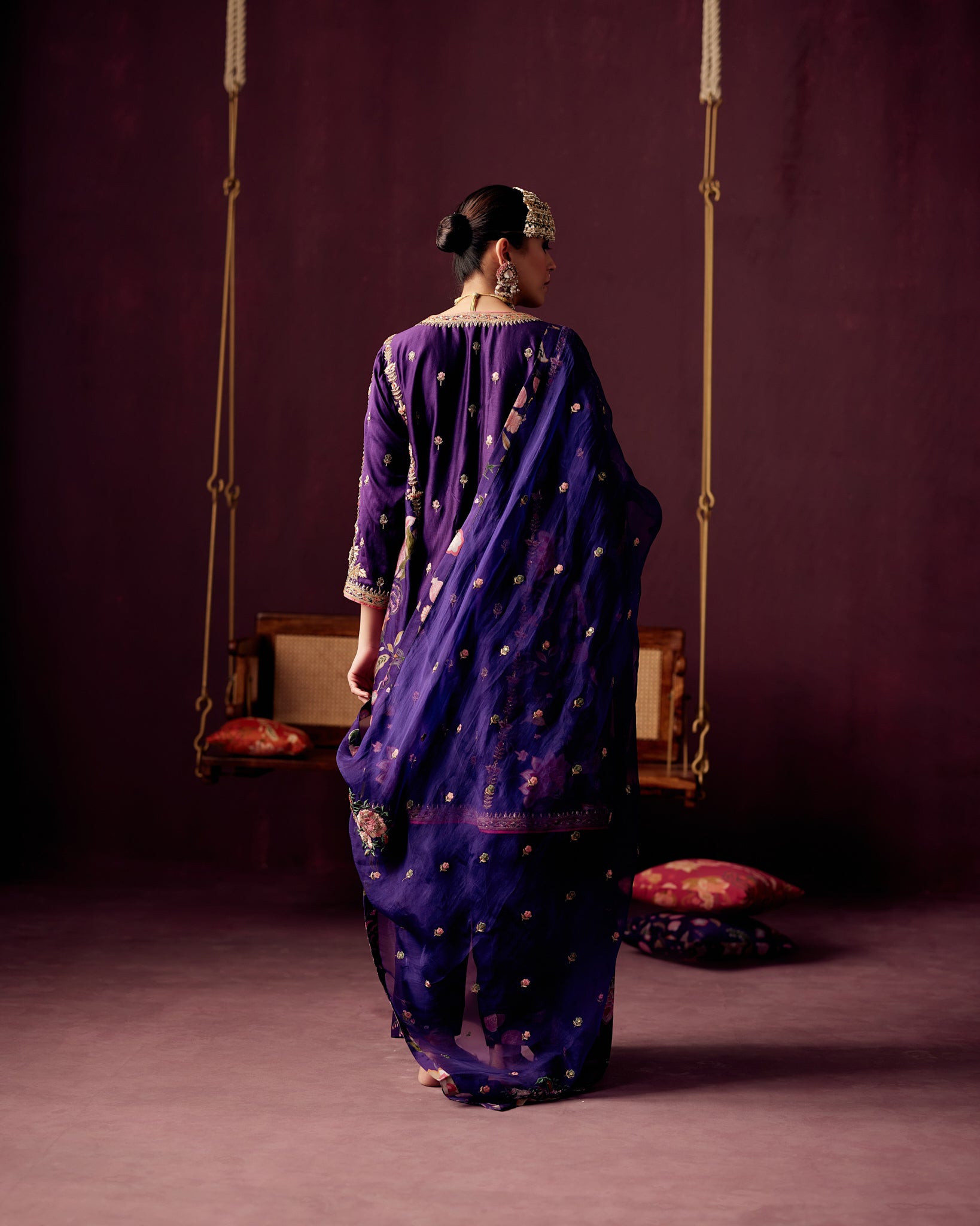 Purple Kurta with Thread and Zardozi embroidery ,Pants & Organza Dupatta with embroidery