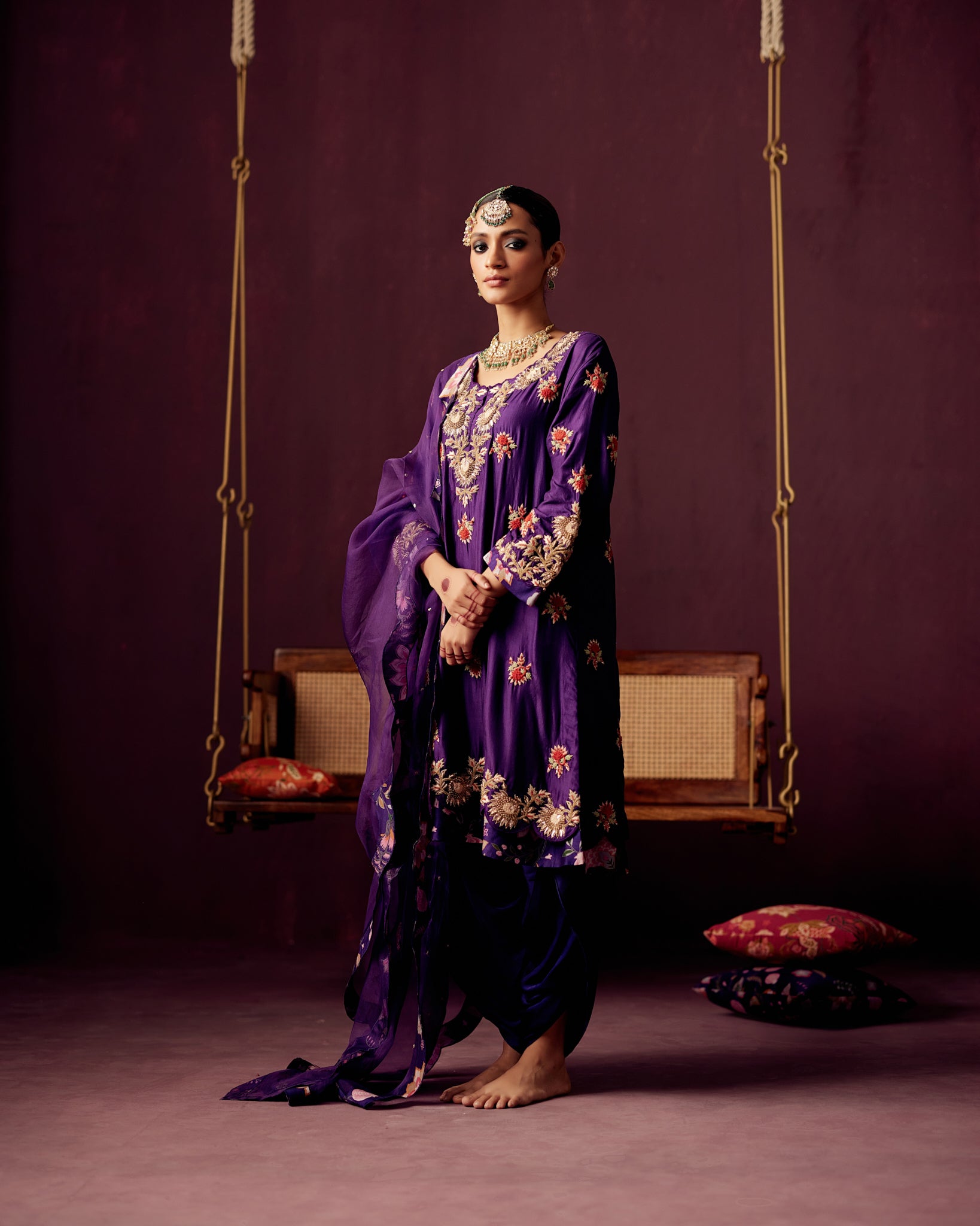 Purple Kurta with embroidery ,Drape Dhoti Pants & Organza Dupatta