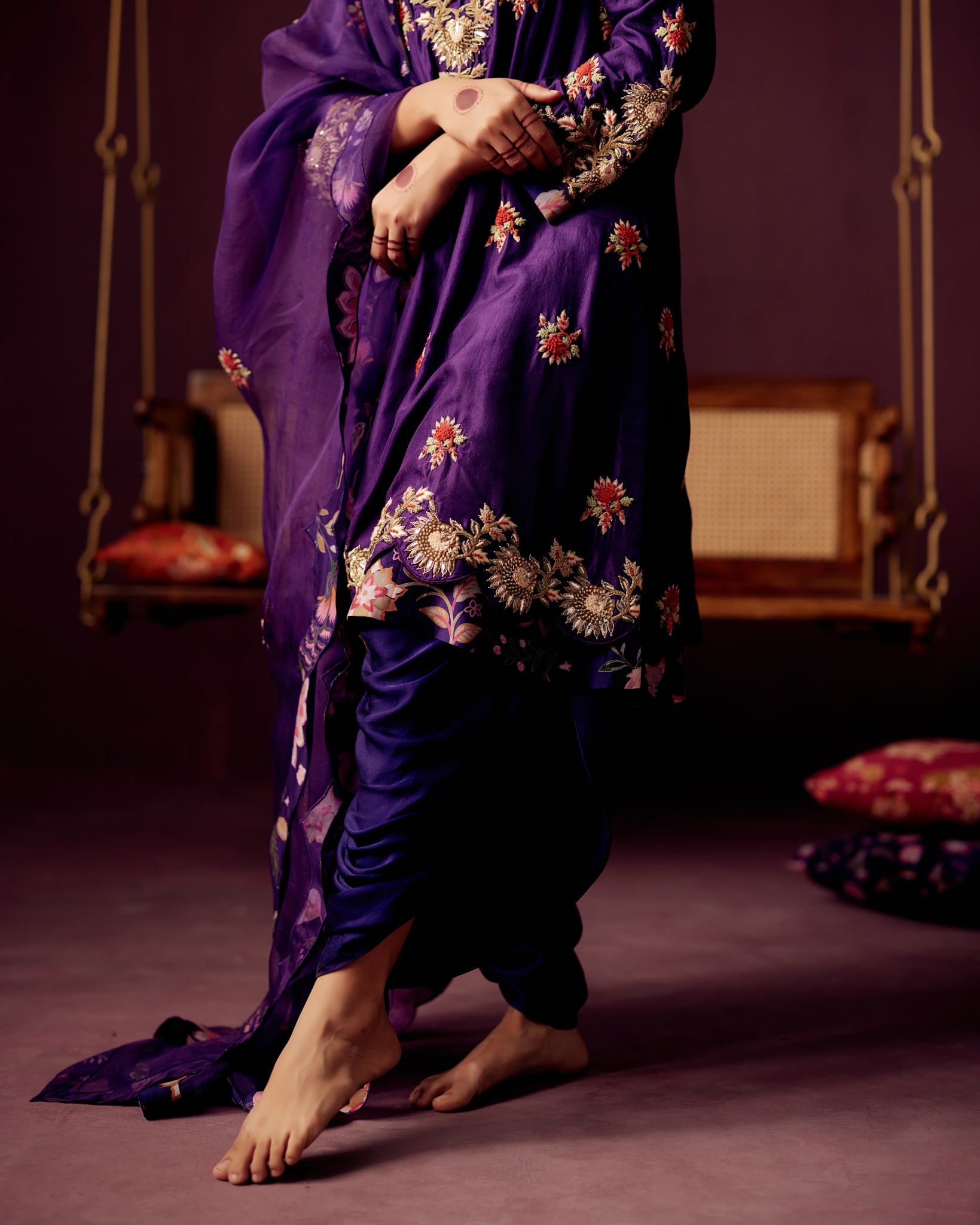 Purple Kurta with embroidery ,Drape Dhoti Pants & Organza Dupatta