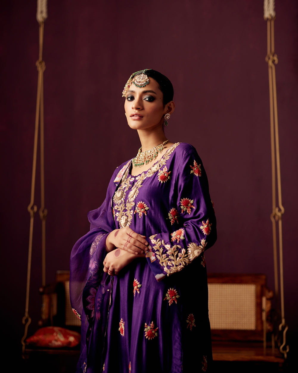 Purple Kurta with embroidery ,Drape Dhoti Pants & Organza Dupatta