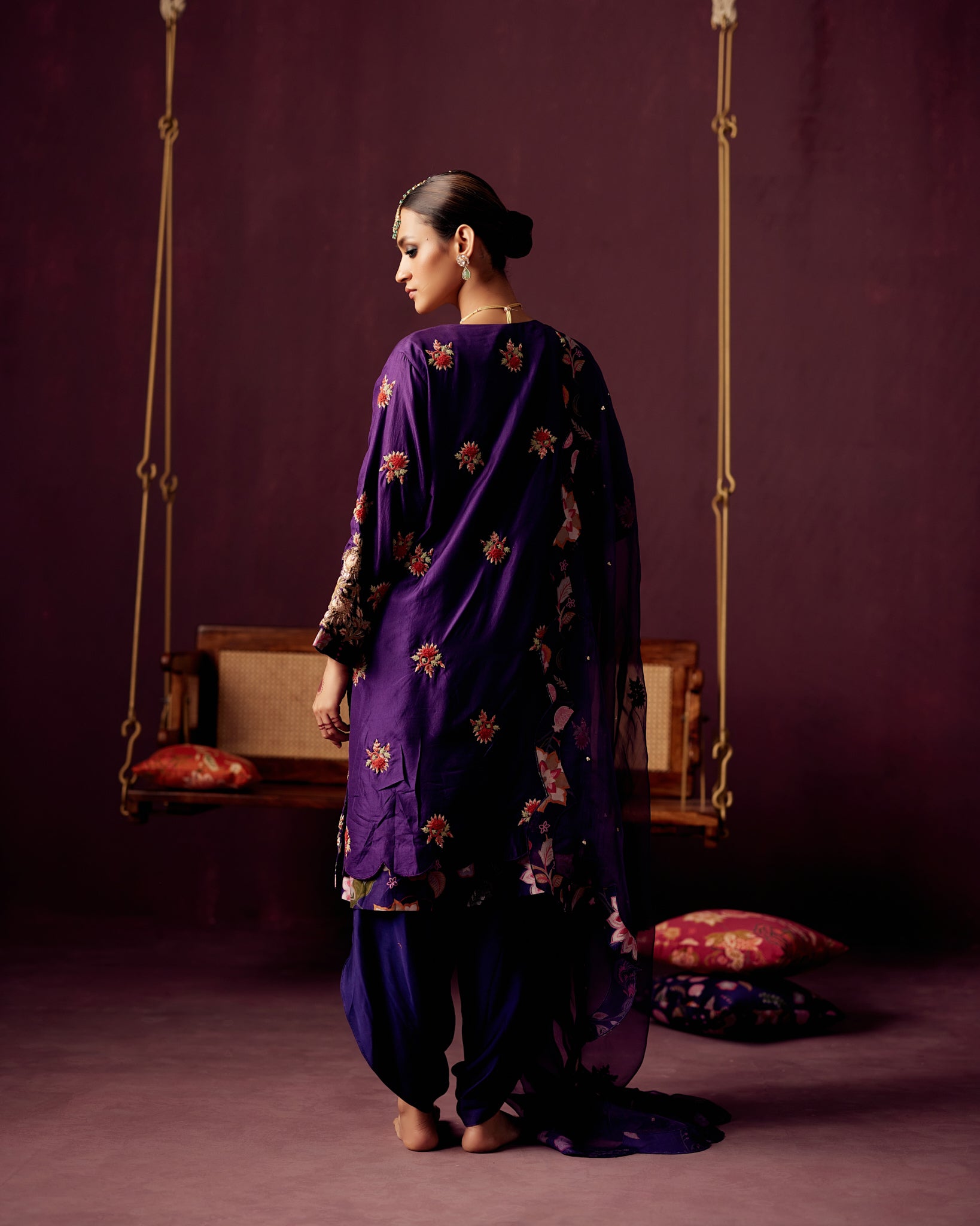 Purple Kurta with embroidery ,Drape Dhoti Pants & Organza Dupatta