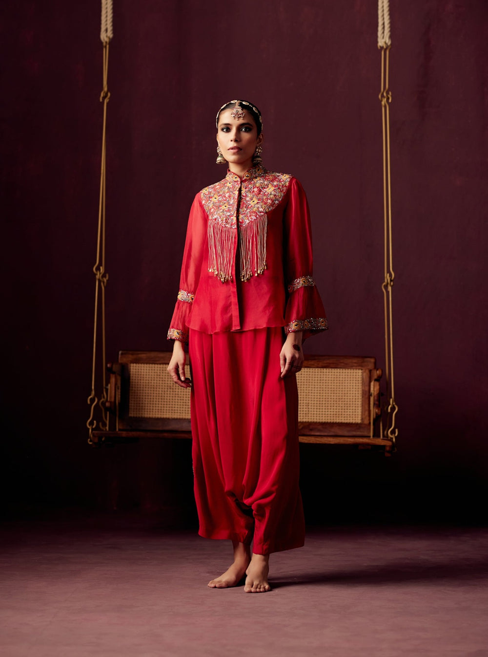 Red Organza Shirt with Embroidered Yoke and Tassels, Drape Pants with Side embroidered patches