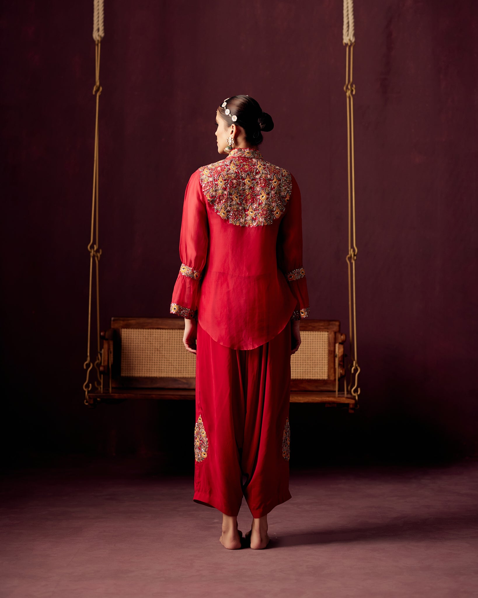 Red Organza Shirt with Embroidered Yoke and Tassels, Drape Pants with Side embroidered patches