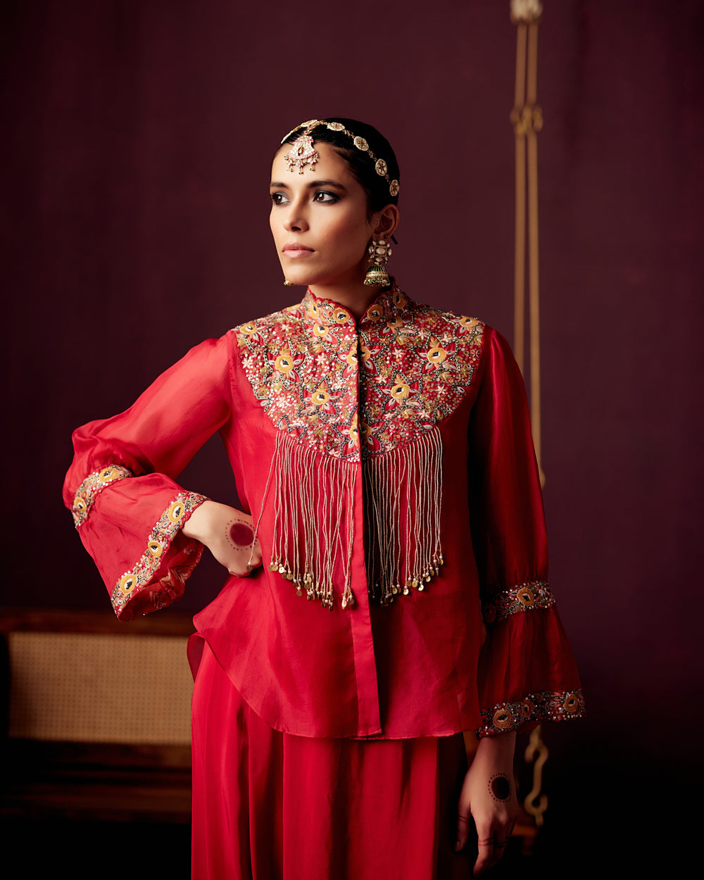 Red Organza Shirt with Embroidered Yoke and Tassels, Drape Pants with Side embroidered patches