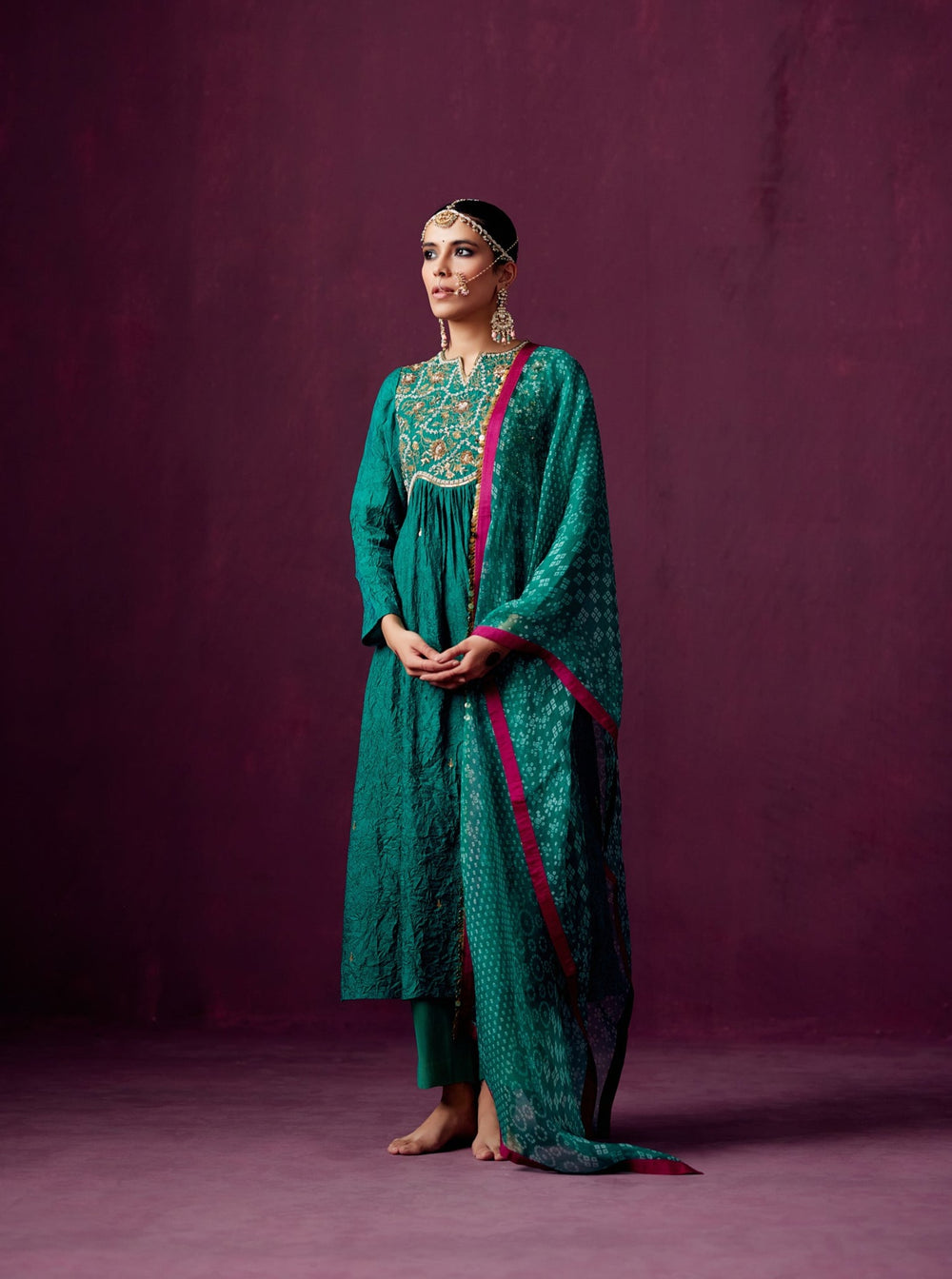 Green Crush Silk kurta with Yoke embroidery, Tissue pant and bandhej print organza dupatta.