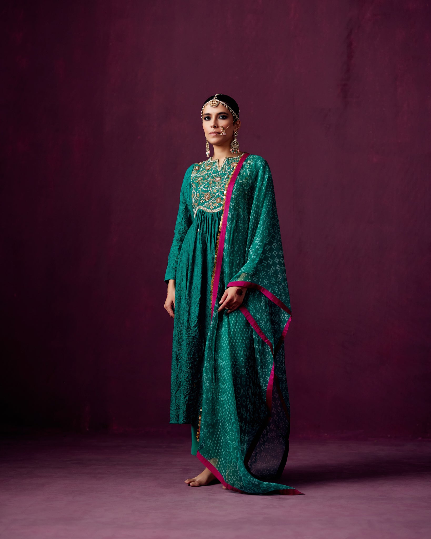 Green Crush Silk kurta with Yoke embroidery, Tissue pant and bandhej print organza dupatta.