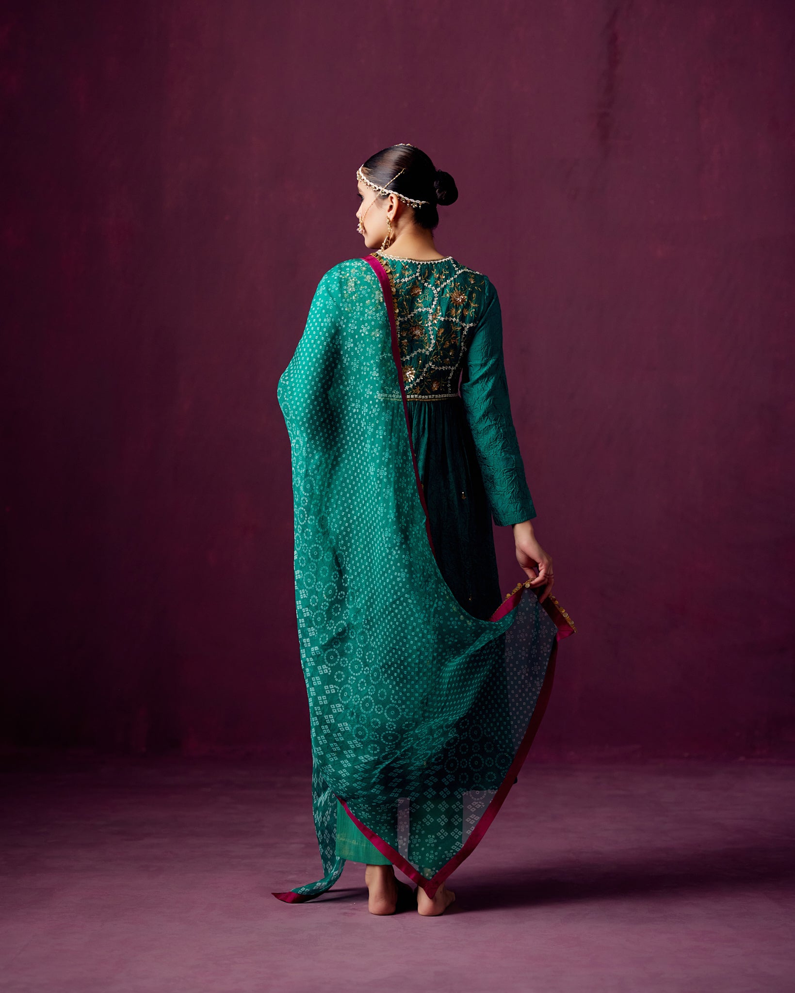 Green Crush Silk kurta with Yoke embroidery, Tissue pant and bandhej print organza dupatta.