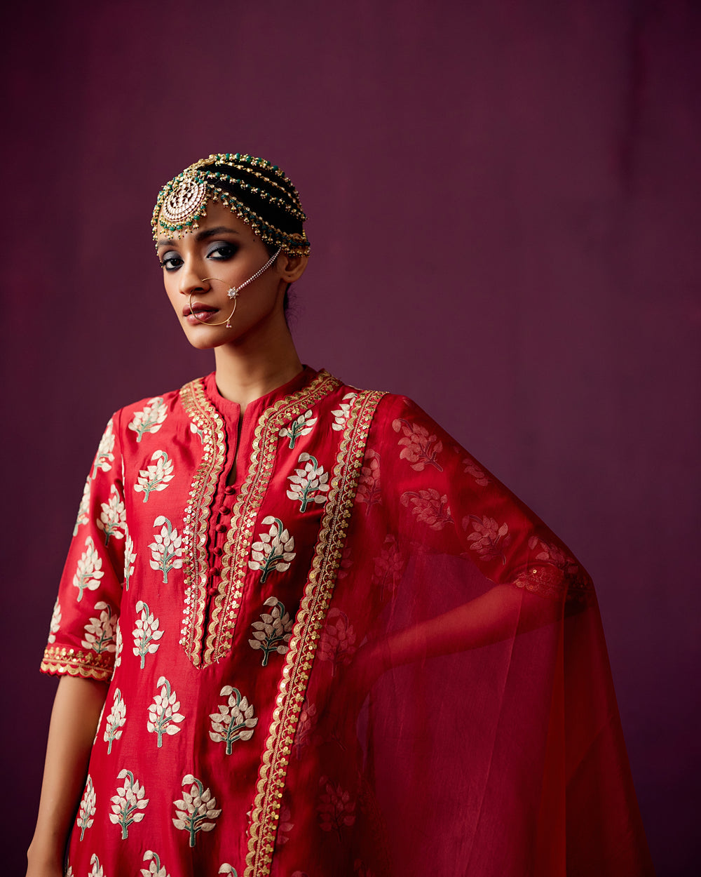 Red Embroidered kurta with Pants & Dupatta