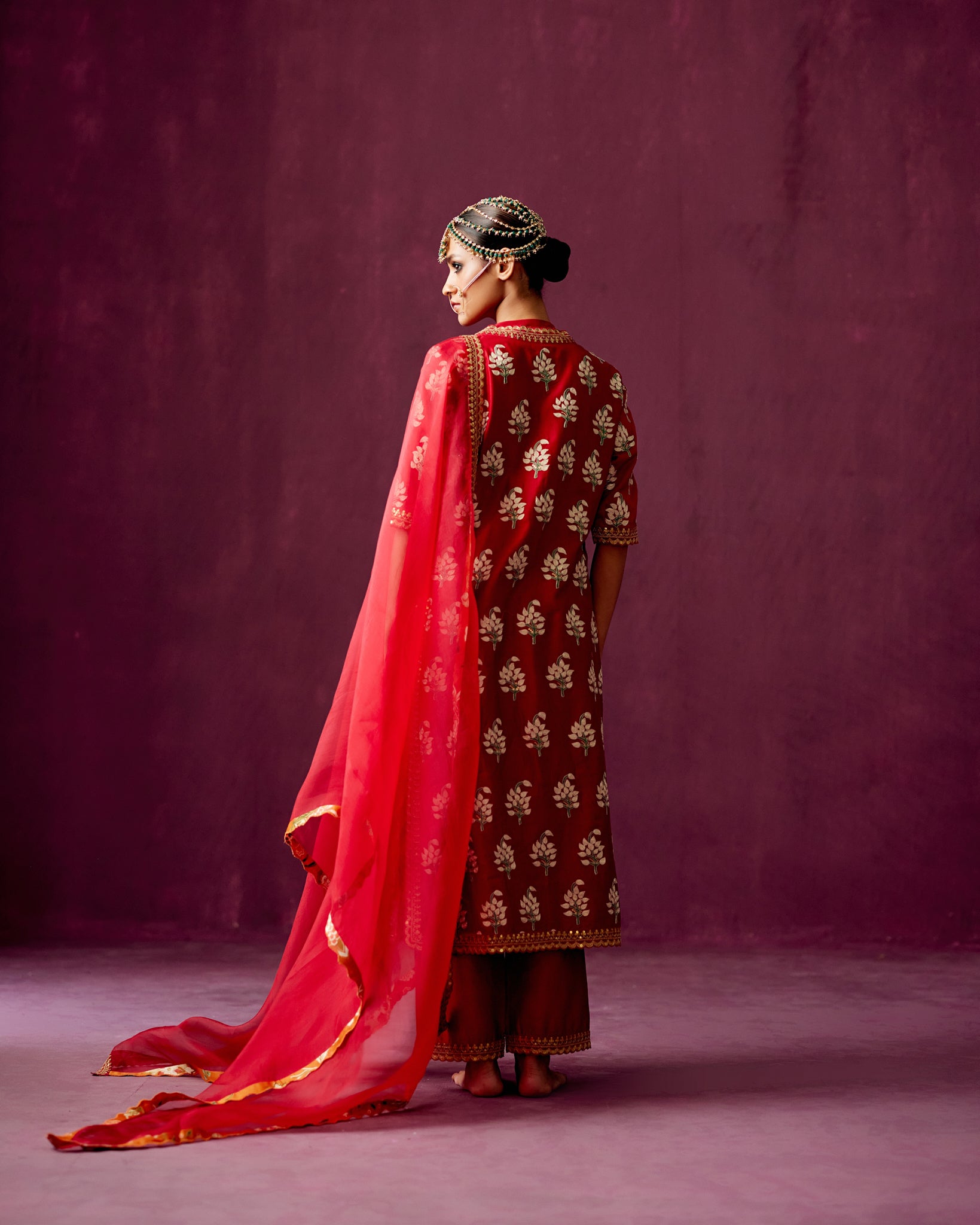 Red Embroidered kurta with Pants & Dupatta