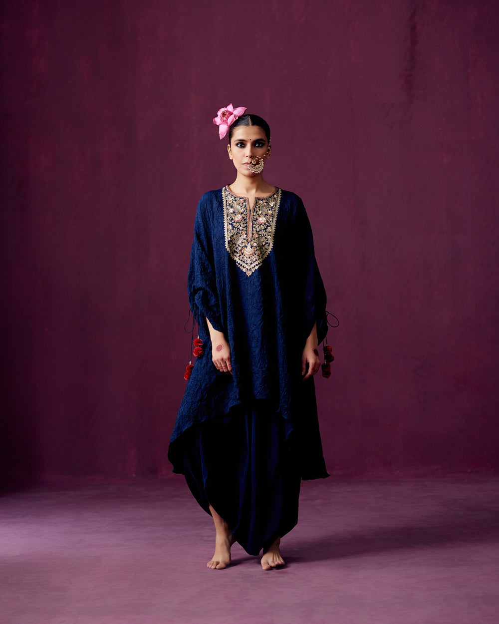 Navy Crush Silk kaftan kurta with Yoke embroidery and Drape Pants.