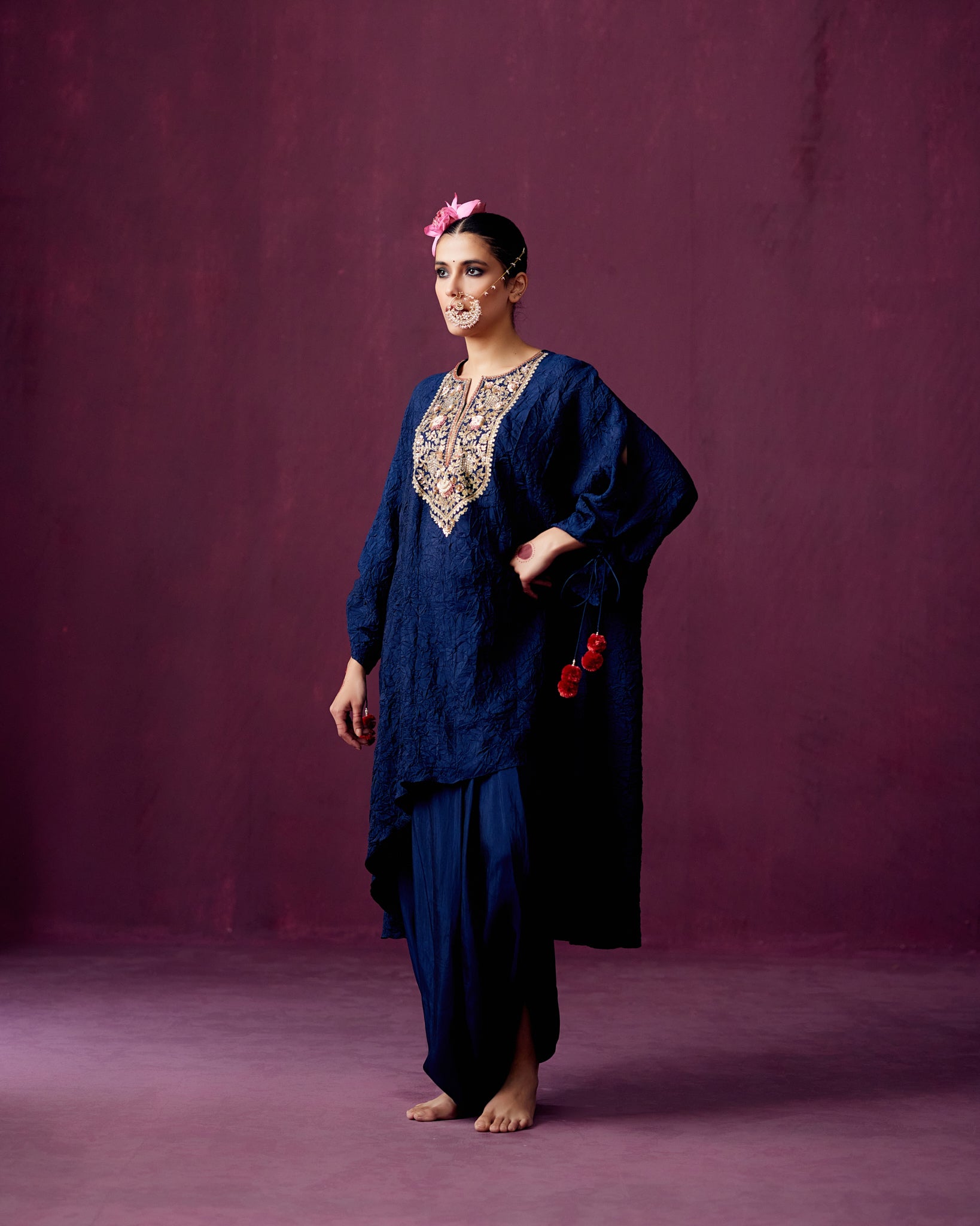 Navy Crush Silk kaftan kurta with Yoke embroidery and Drape Pants.