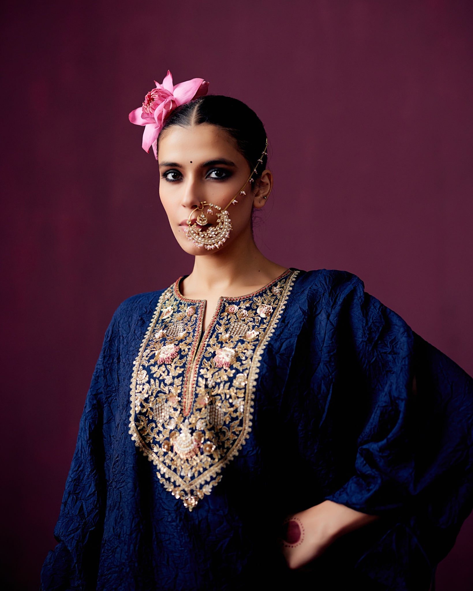 Navy Crush Silk kaftan kurta with Yoke embroidery and Drape Pants.