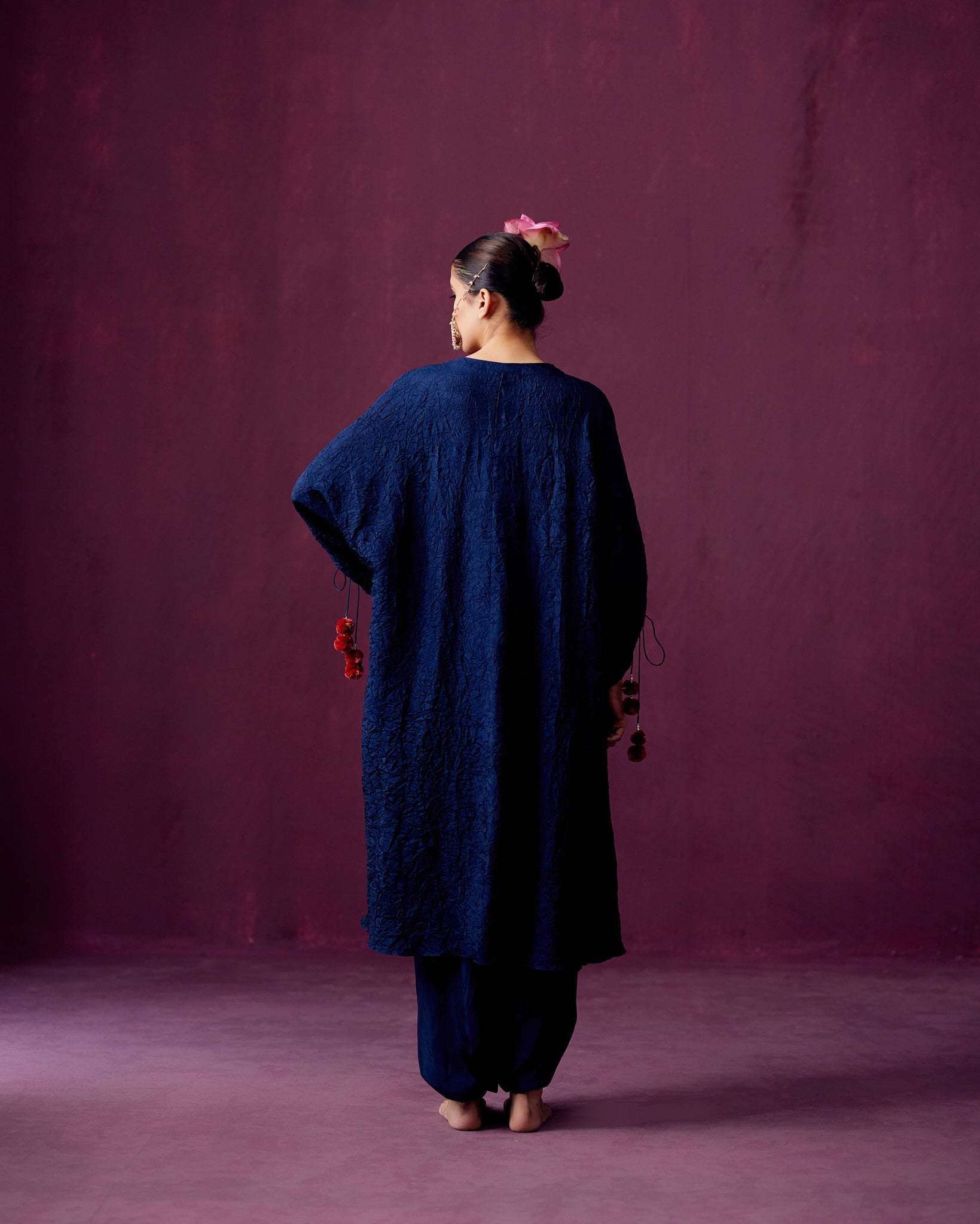 Navy Crush Silk kaftan kurta with Yoke embroidery and Drape Pants.