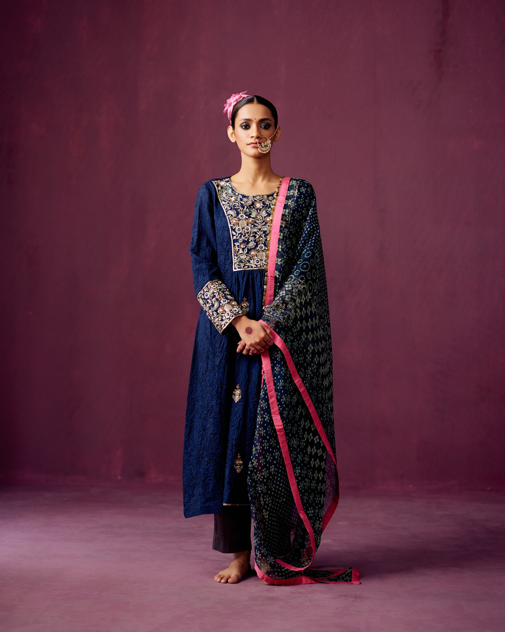 Navy Crush Silk kurta with Embroidery, Pants and Bandhej print dupatta.