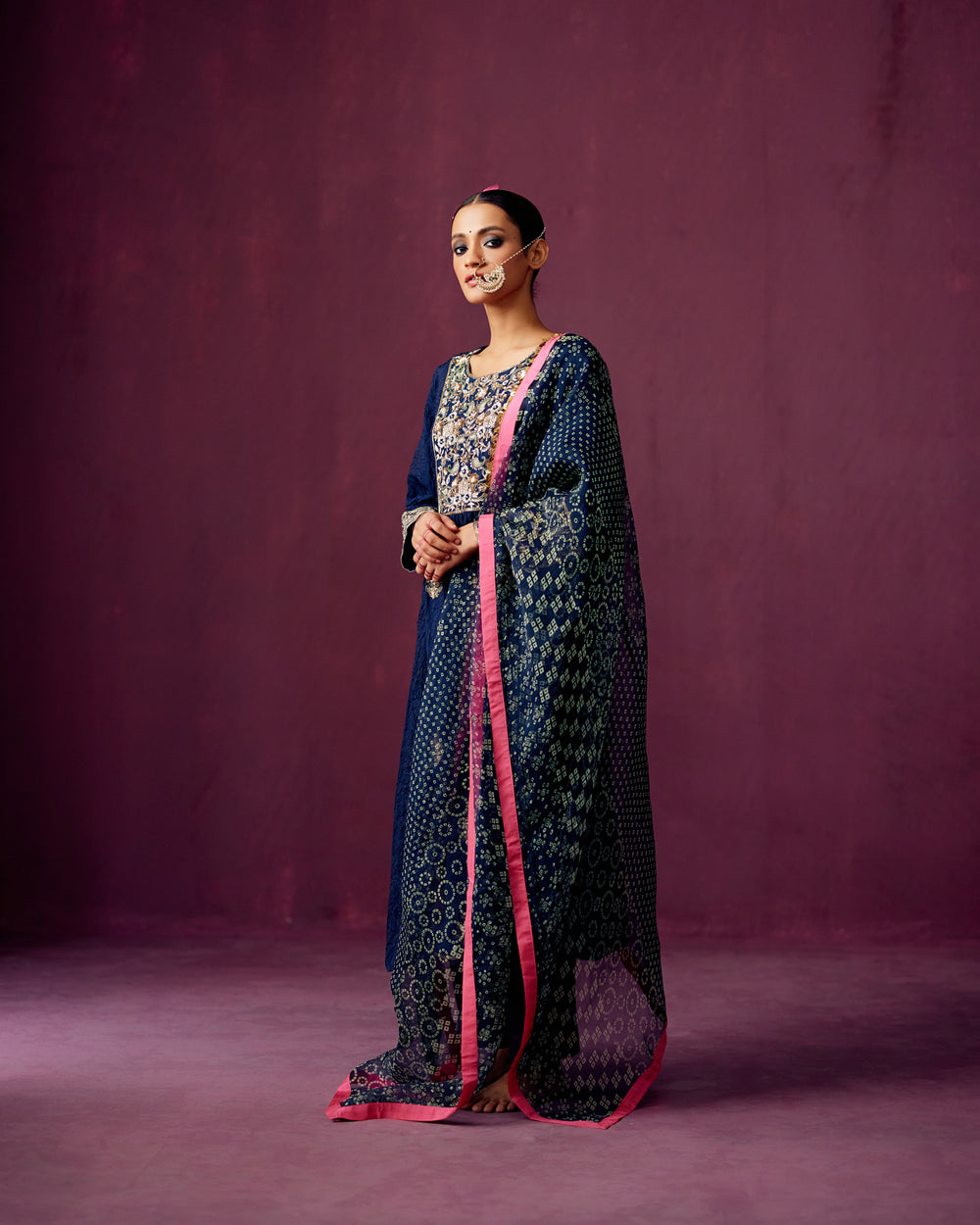 Navy Crush Silk kurta with Embroidery, Pants and Bandhej print dupatta.