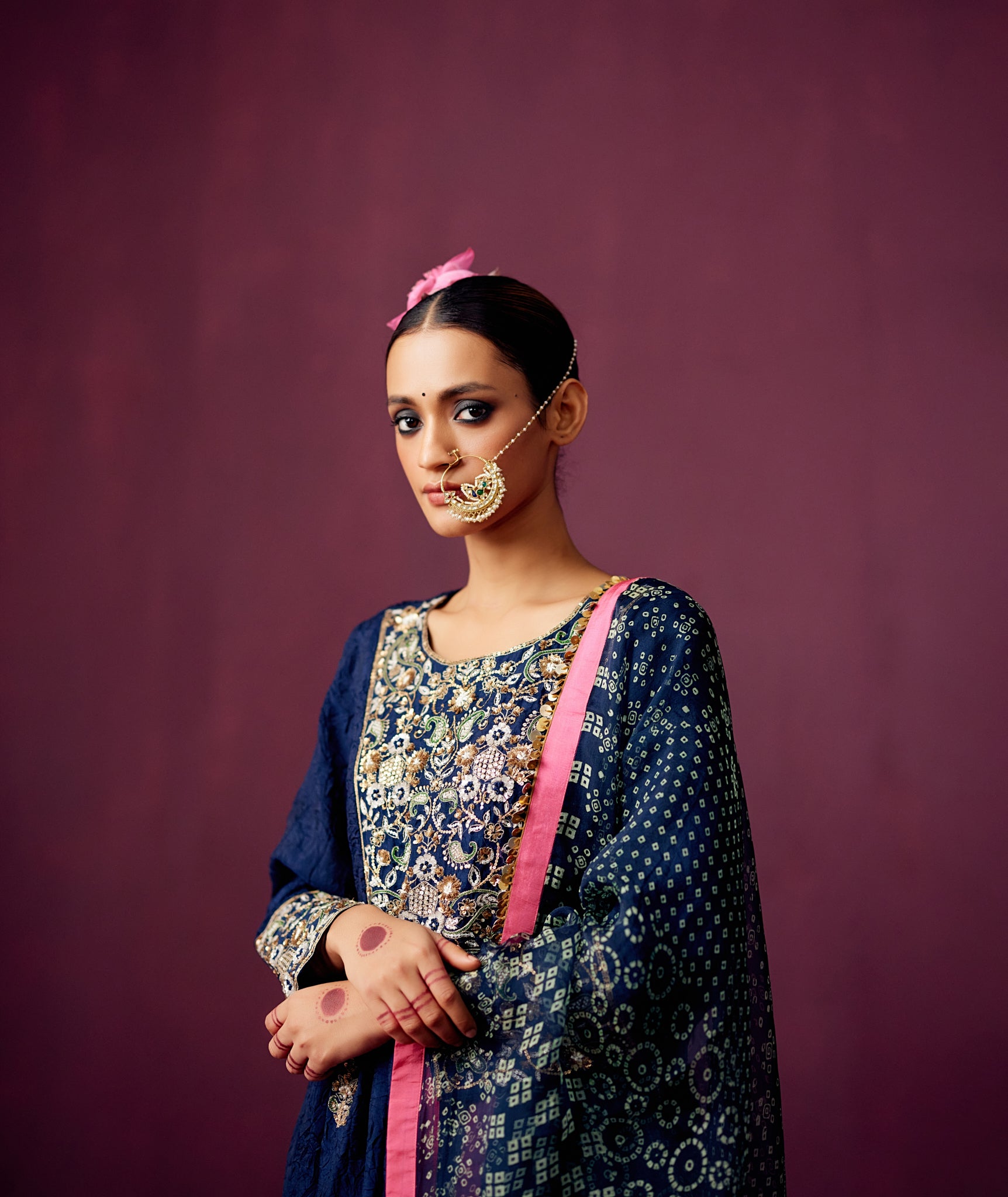 Navy Crush Silk kurta with Embroidery, Pants and Bandhej print dupatta.