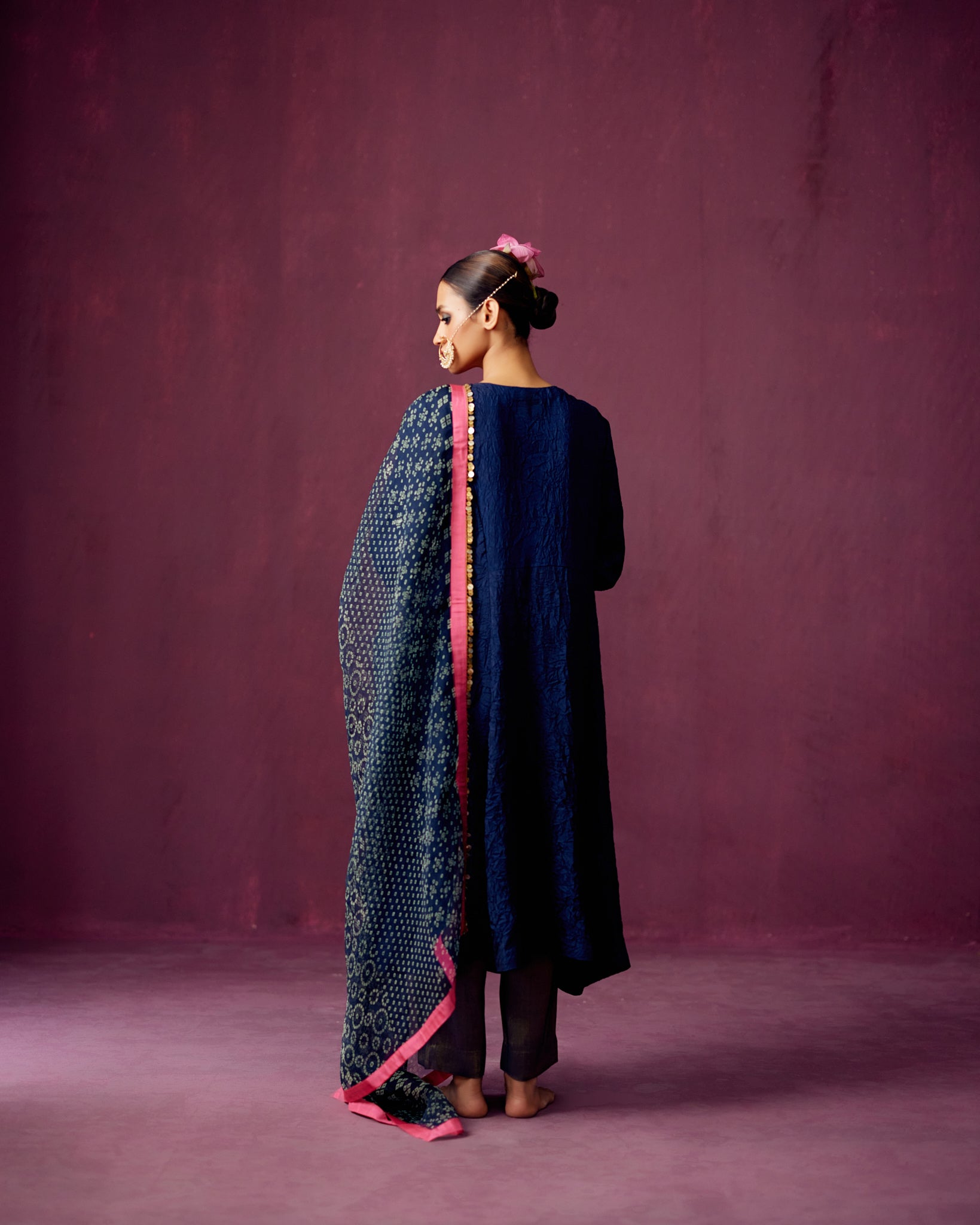 Navy Crush Silk kurta with Embroidery, Pants and Bandhej print dupatta.